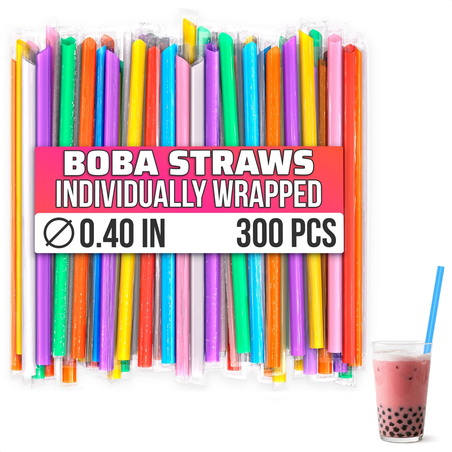 300 Pcs Boba Straws Individually Wrapped - 9.25"x0.4" Wide & Sturdy Jumbo Straws for Smoothies, Iced Coffee, Milkshakes & Bubble Tea - Disposable Boba Straw with Angled Tips, Cut-to-Fit Tall Tumblers