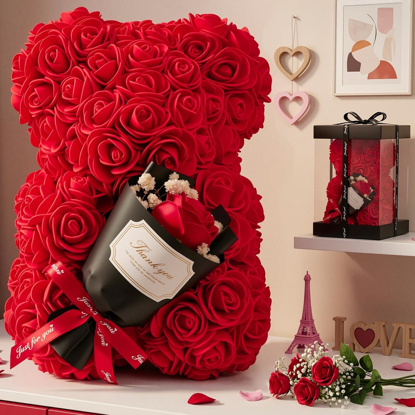 Otlonpe Mothers Day Rose Bear Gifts for Mom - Women Gifts for Mother's Day Christmas Valentines Anniversary Birthday - Cute Roses Flowers Bear Gift for Girlfriend Wife Daughter Mom, 9-inch (Red)