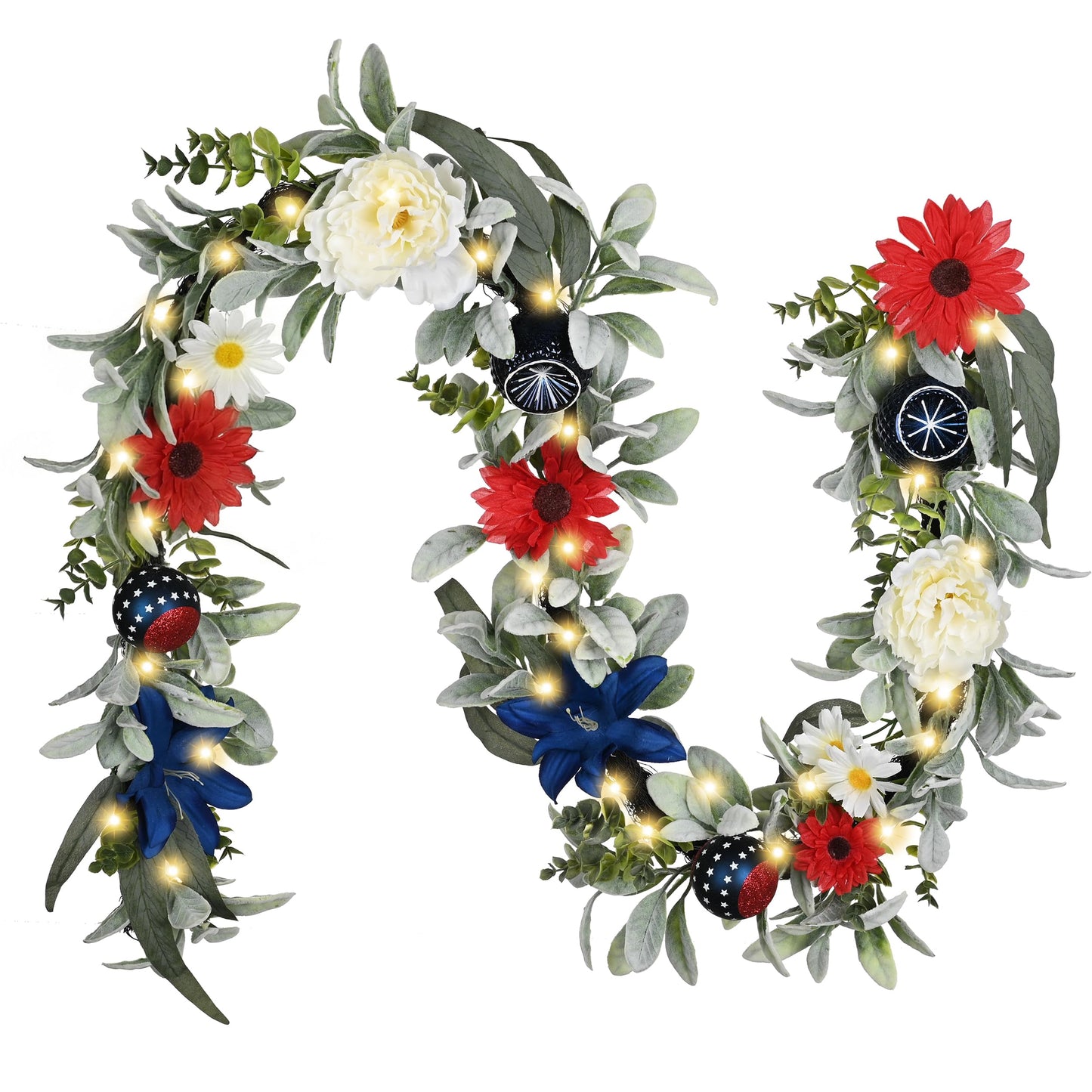 Valery Madelyn 6FT 4th of July Garland with Lights for Mantle, Red White Blue Patriotic Floral Garland Memorial Day Decorations with Ball Ornaments for USA 250th Anniversary Summer