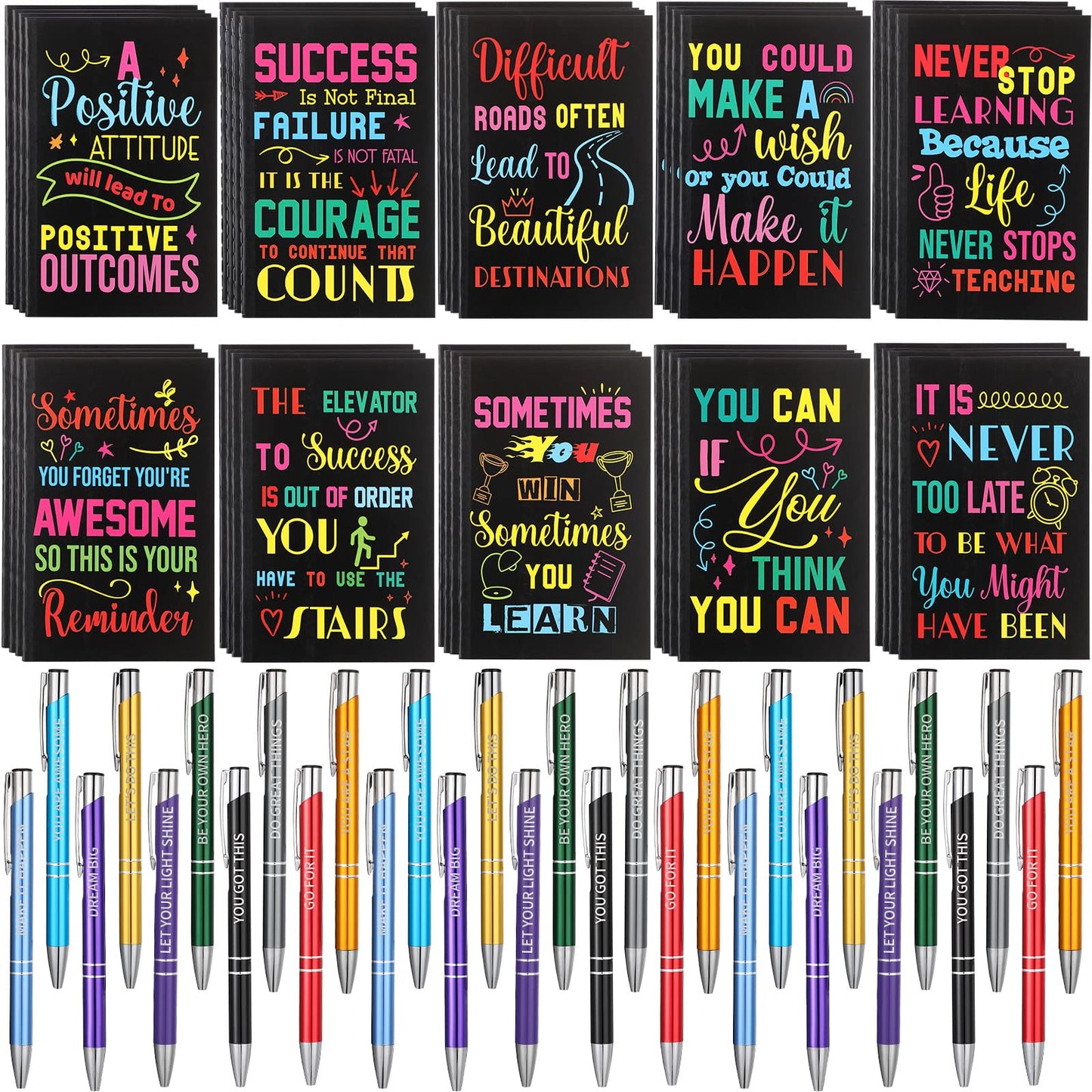 Sabary 100 Pcs Inspirational Notepads Ballpoint Pens Sets Mini Motivational Pocket Notebooks Journals Bulk Teacher Appreciation Gifts for Office Supplies(Inspirational)