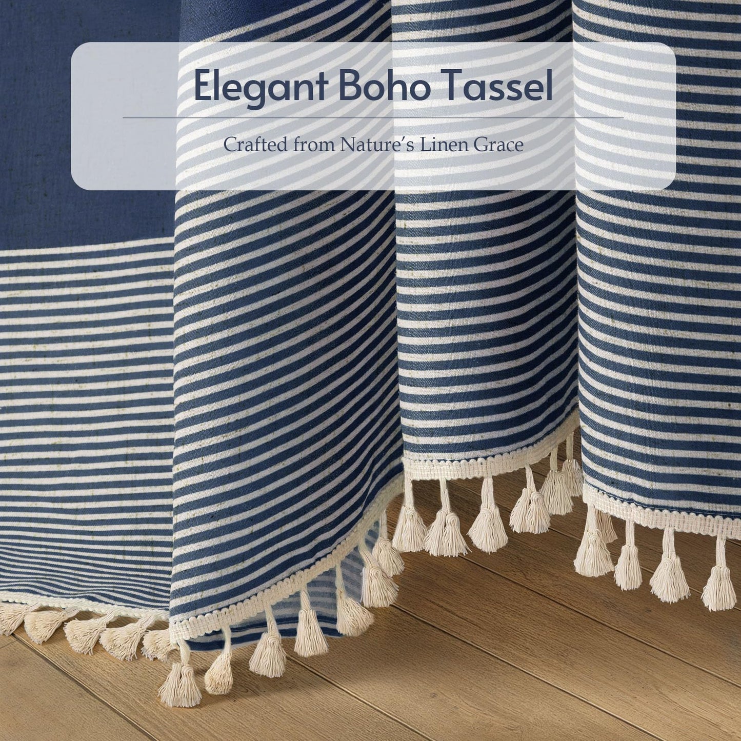XOGUIBO Navy Blue Shower Curtain Linen Coastal Ocean Striped Shower Curtains for Bathroom with Tassel 72 X 72