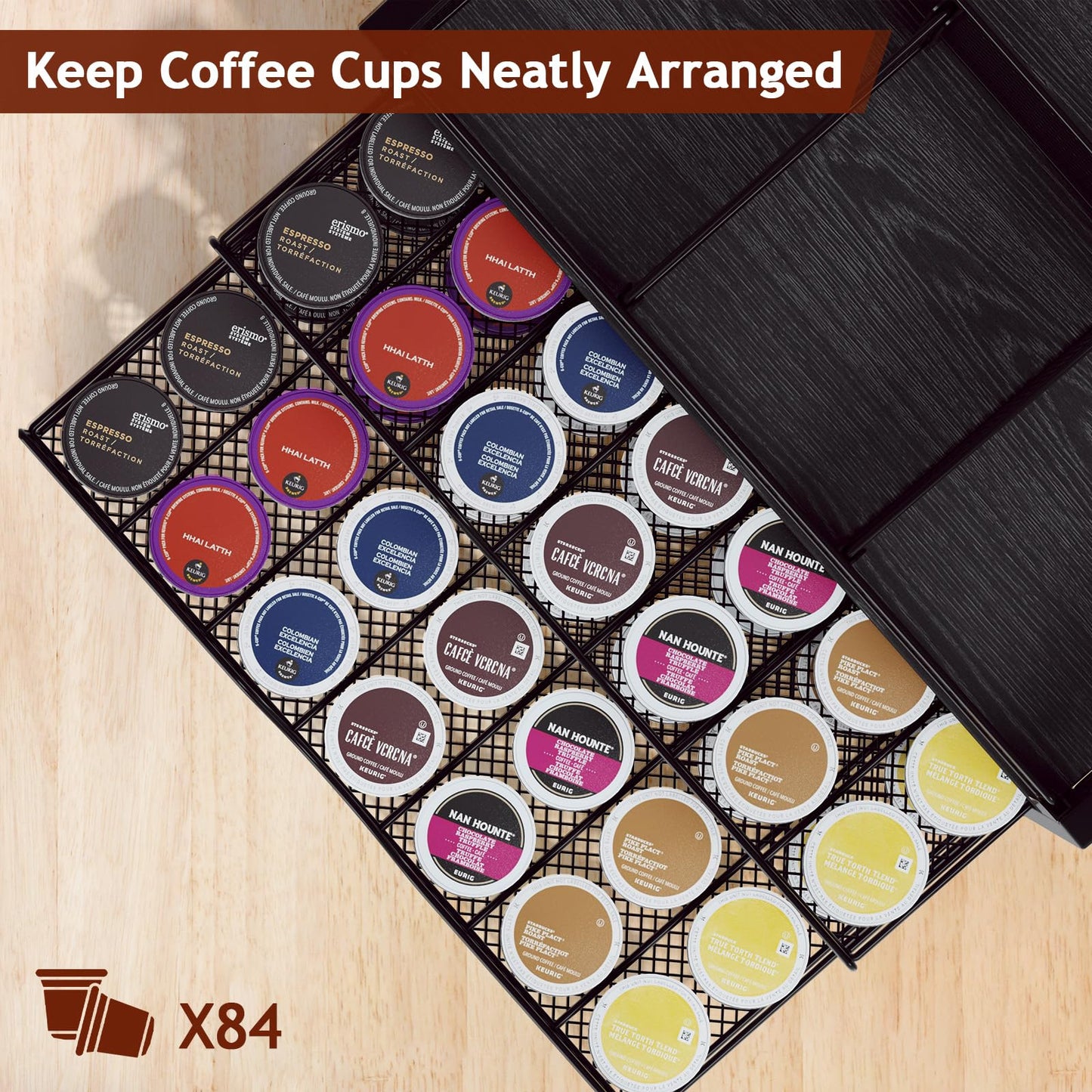 Homsorout Coffee Bar Organizer - Coffee Station for Countertop, Metal and Wood K Cup holder Storage Basket for Syrup, Cups, Stirrer, Condiment, Tea Organizer, Black