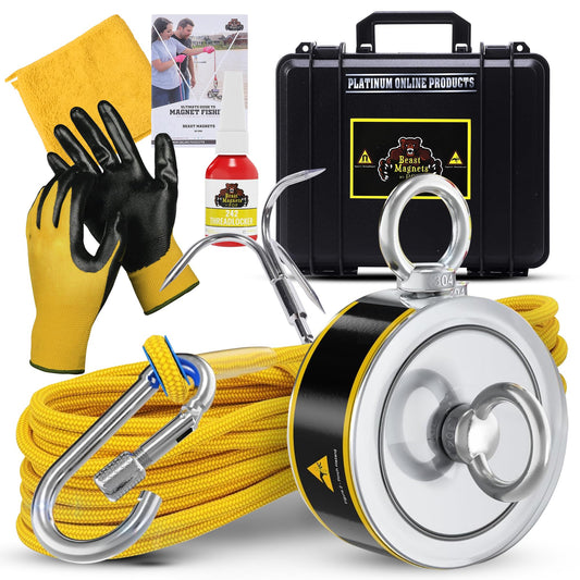 1320LB’s Complete Magnet Fishing Kit | Double Sided Fishing Magnet Kit with Case | Includes Strong Neodymium N52 Magnets, Durable 65ft Rope, Carabiner, Gloves, Grappling Hook & Carry Case