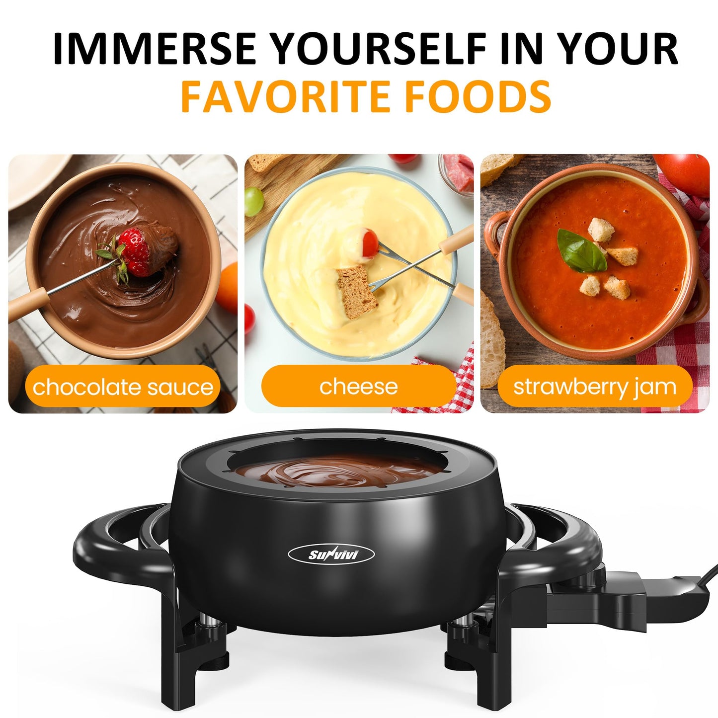 Sunvivi 3 Quart Electric Fondue Pot Set for Melting Chocolate Cheese with Adjustable Temperature Control and 8 Color-Coded Forks, 1000W Non-Stick Fondue Maker for Dessert, Oil and Broth