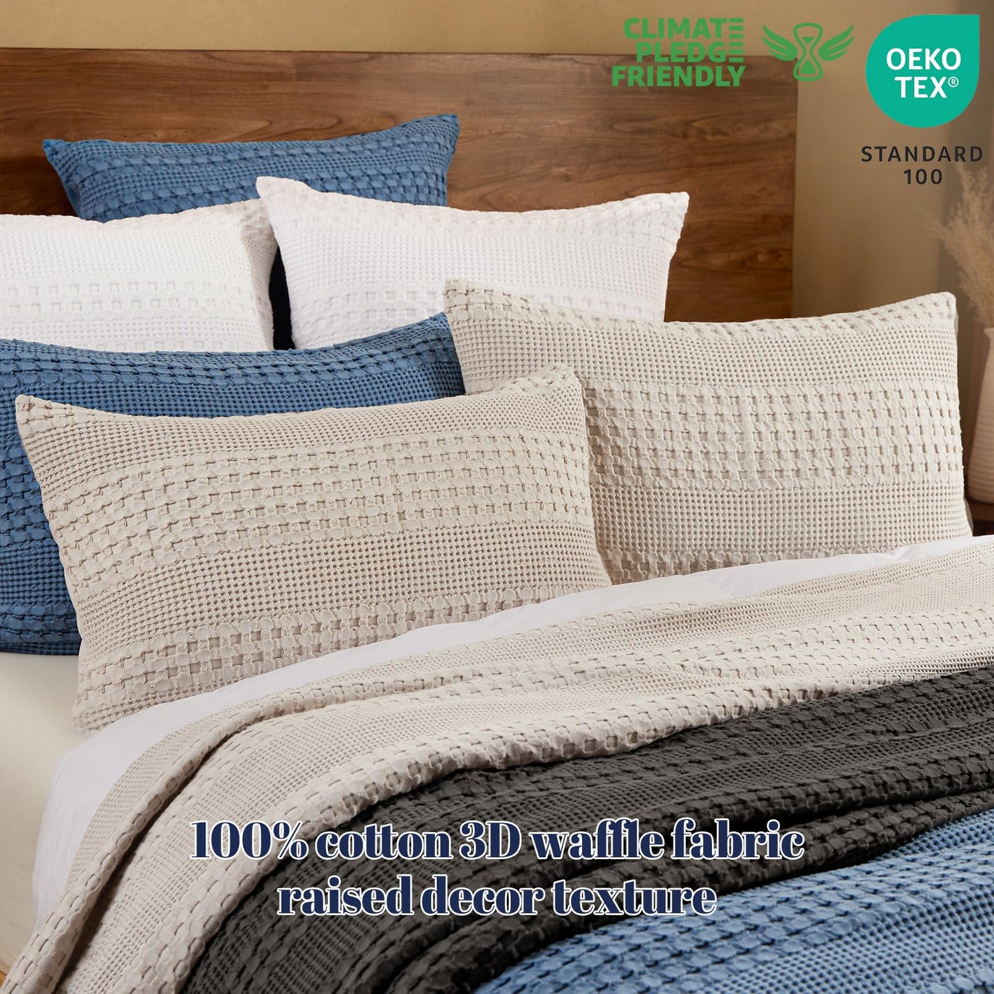 PHF 100% Cotton Waffle Pillow Shams King Size, 2 Pack 20" x 36" Soft Skin-Friendly Pillowcases, No Filling, Aesthetic Woven and Breathable Waffle Weave Pillow Case Covers for Bed, Oatmeal