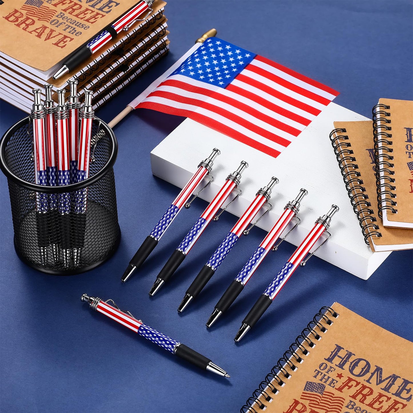 Resurhang 250th Anniversary Memorial Day Gift American Flag Ballpoint Pens Spiral Notebooks Home of The Free Because of The Brave Journal USA Patriotic for Veteran Military Soldier 250th Gift(36 Set)
