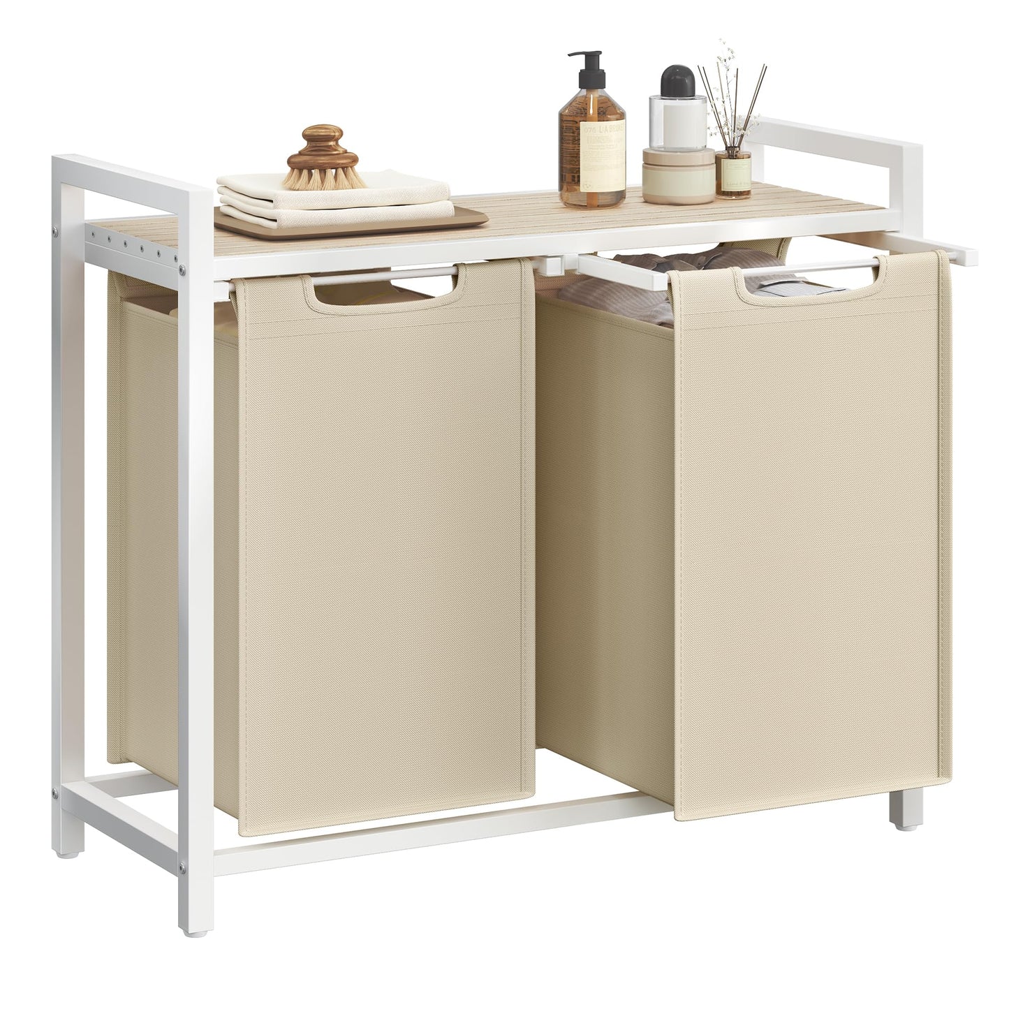 VASAGLE Laundry Hamper, Laundry Basket Sorter with 2 Pull-Out and Removable Bags, Shelf, Metal Frame, 2 x 12.1 Gallons (46 L), 28.8 x 13 x 28.4 Inches, Cappuccino Beige and Natural Beige UBLH201LH01