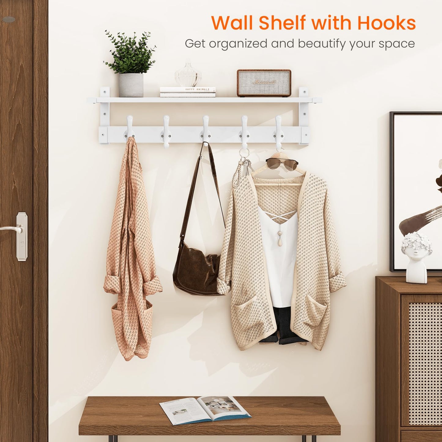 Homode Coat Rack With Wall Shelf, 29" Wooden Entryway Floating Shelf With Hooks Underneath, Hanging Coat Hanger for Bathroom, Living Room, Bedroom, Hallway, White