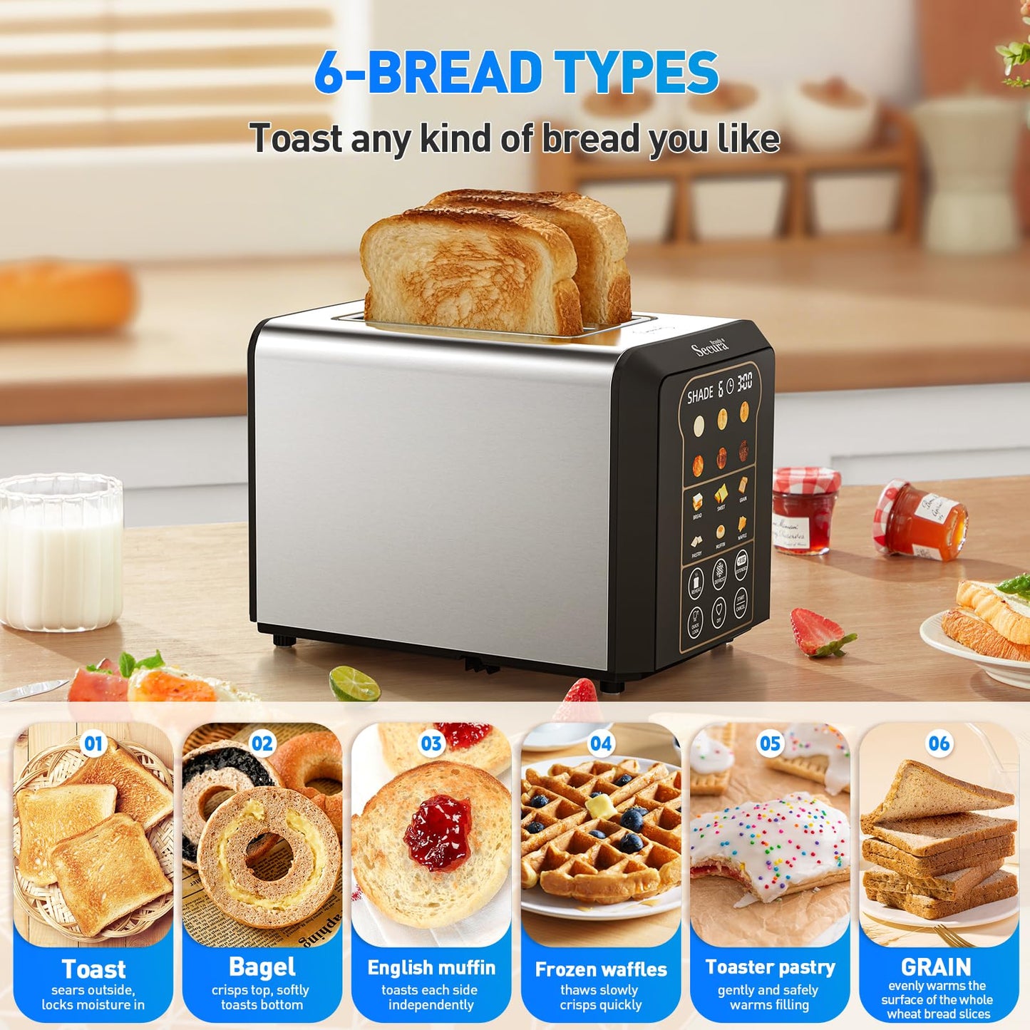 Secura Brands 2 Slice Toaster Automatic, No Lever Stainless Steel Wide Slot Touch Screen Smart Toaster with Digital Timer, +10s Extend, Custom Memory Settings for Home, RV