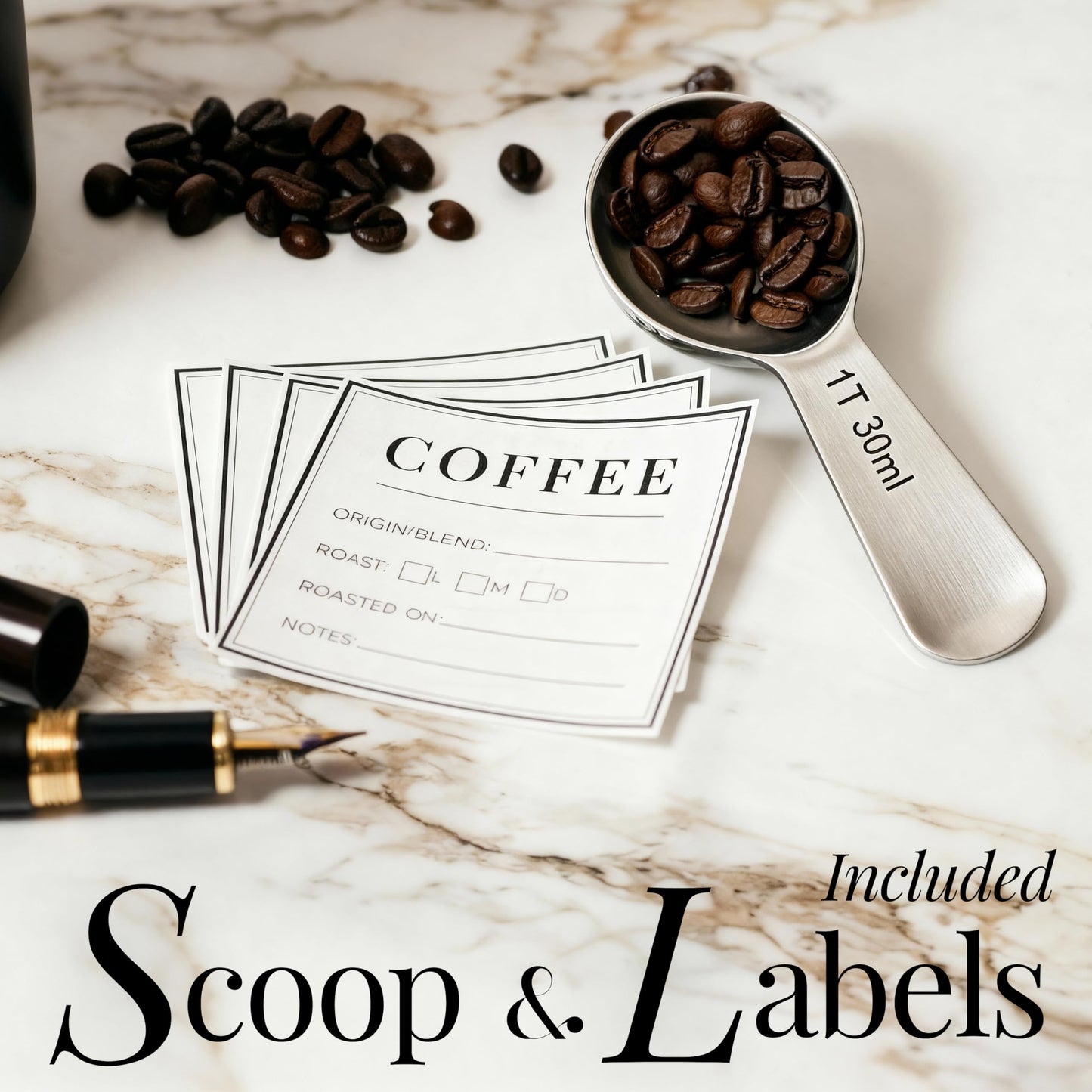 STYLED SETTINGS Vacuum Seal Coffee Bean Container Set – 2-Piece Stainless Steel Coffee Canisters with Scoop and Labels, Matte Black Dual-Lid Airtight Design, 1 lb Capacity Each - Coffee Gift Ideas
