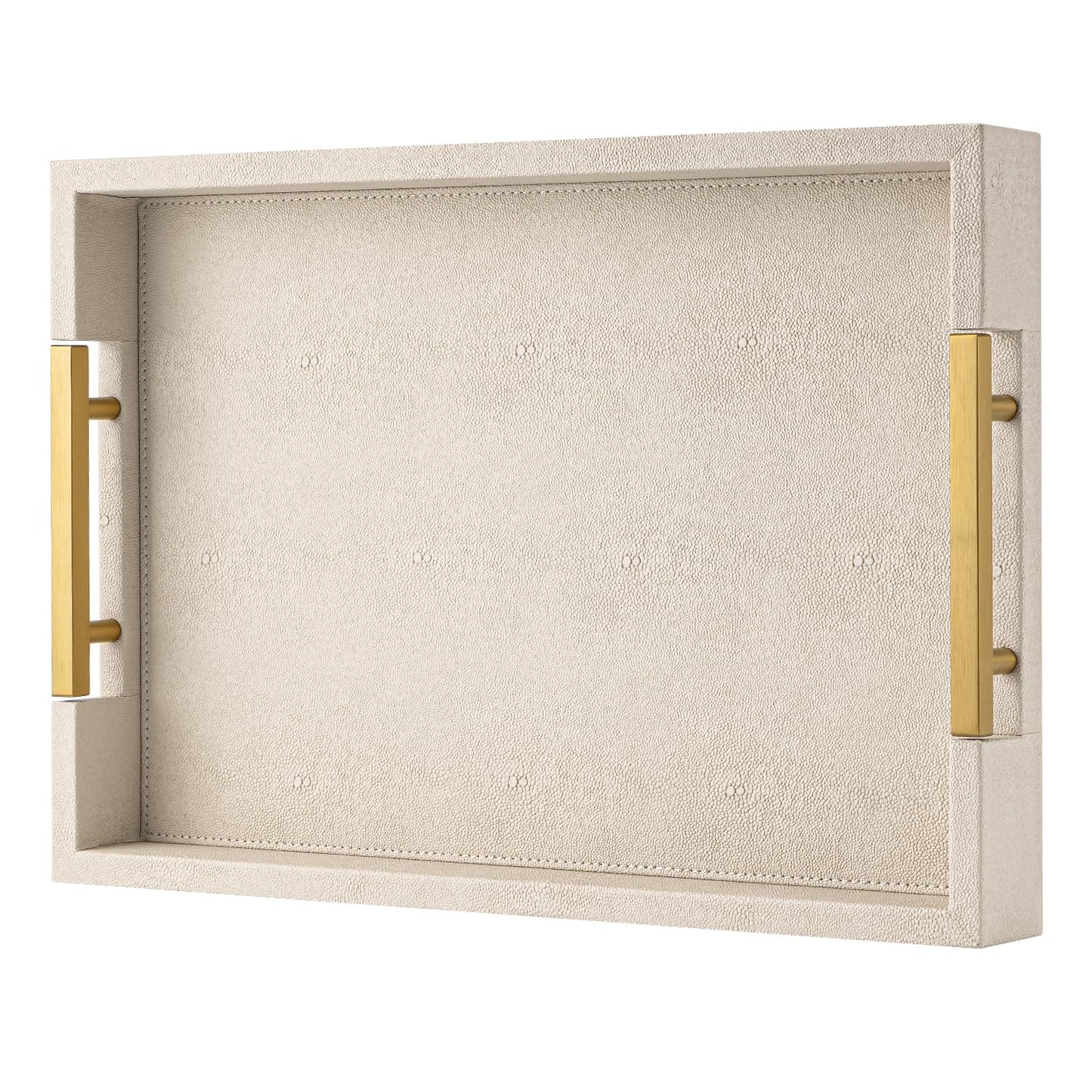 Beige Faux Leather Serving Tray with Handles – Large Decorative Tray for Coffee Table, Ottoman, Living Room, Bathroom – Home Decor