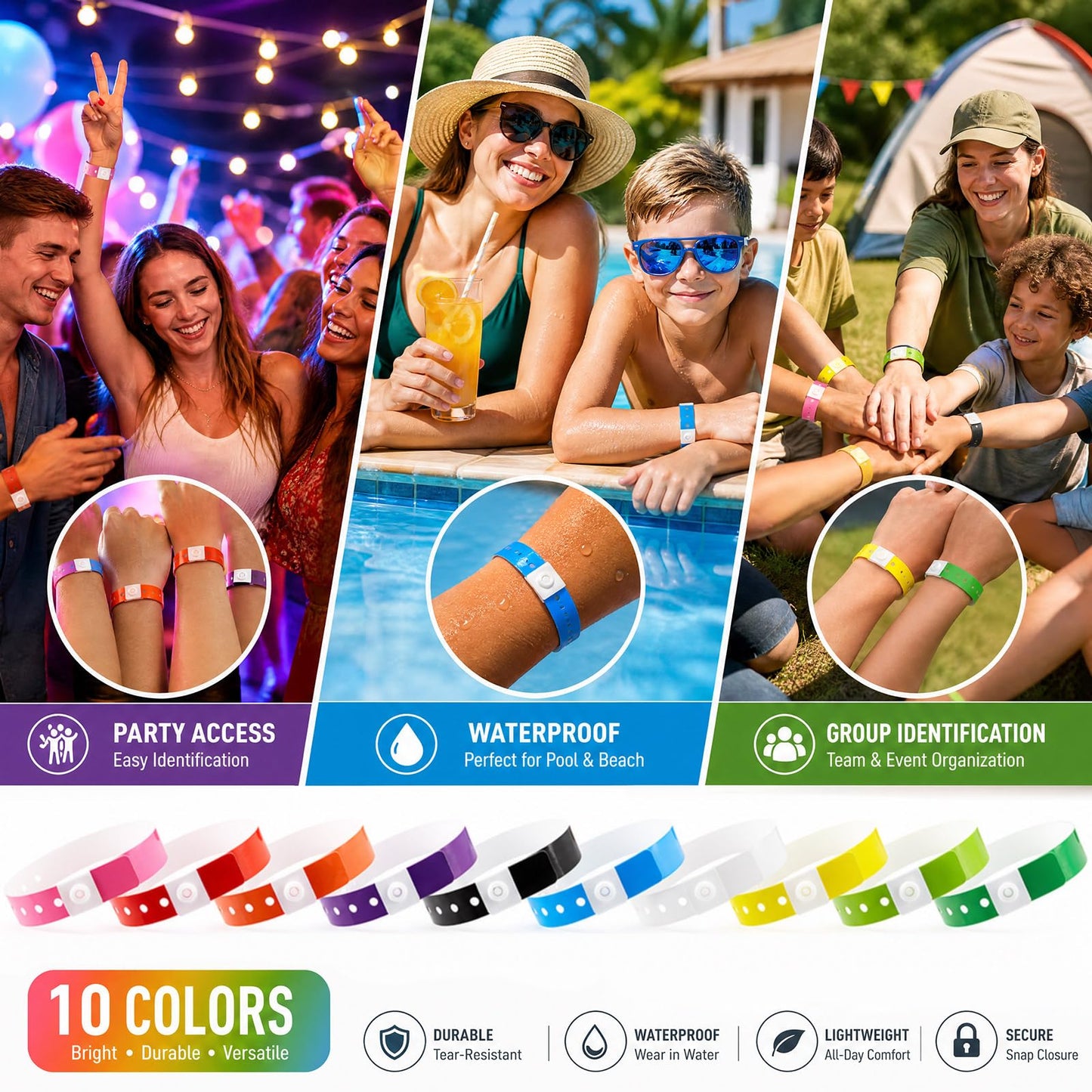 Henoyso 600 Pack Plastic Wristbands for Events, Vinyl Wristbands in 10 Colors Neon Disposable Plastic Event Wrist Bands Bulk for Concerts, Festivals, Carnivals Parties Bars