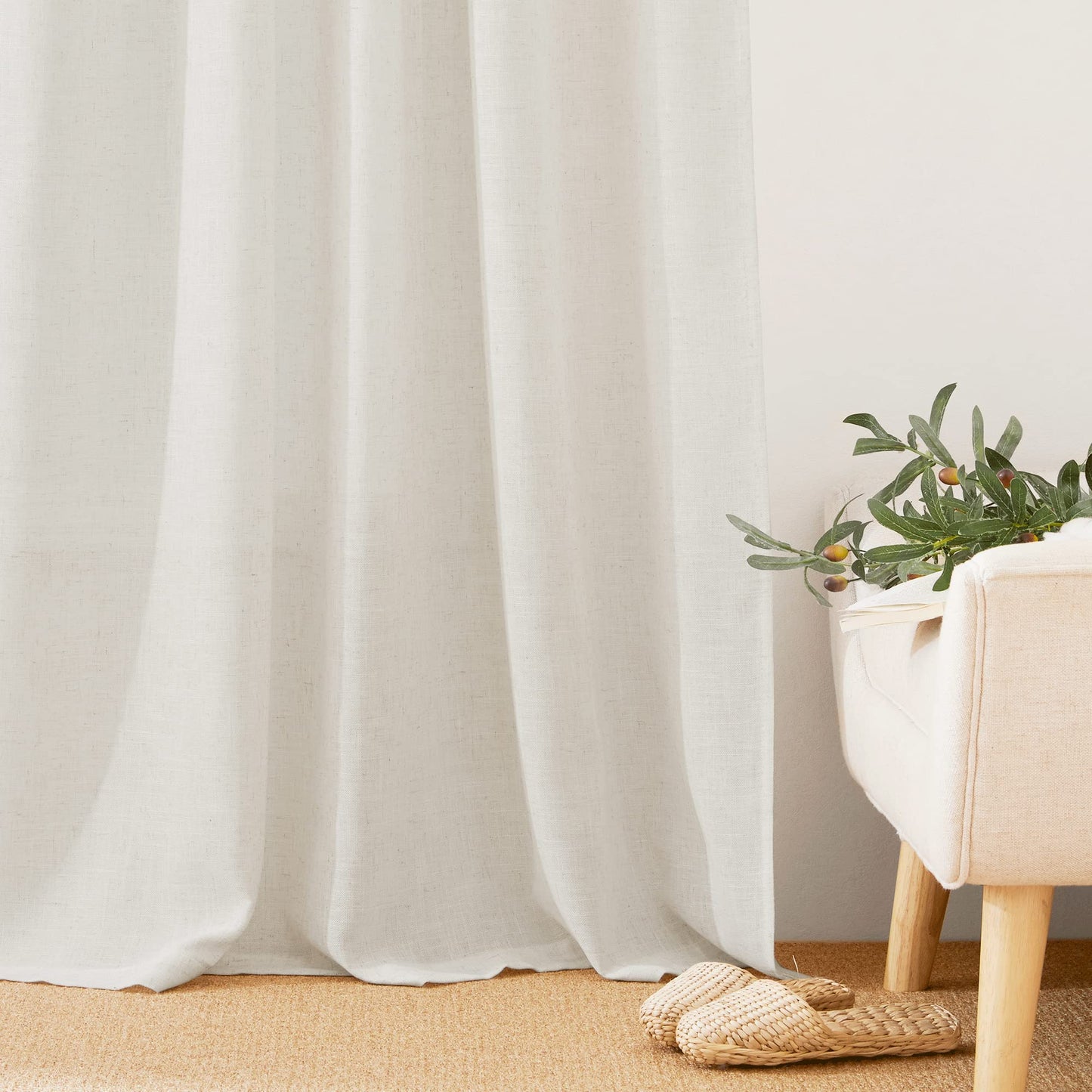RYB HOME 108 inch Curtains - Flax Linen Blend Semi Sheer Light Glare Filtering Extra Long Drapes for Living Room Dining Doorway Farmhouse Office Sunroom, Linen, Wide 52" by Long 108", 2 Panels
