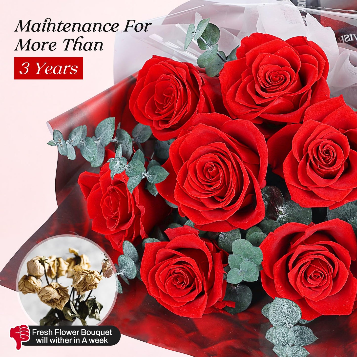 Preserved Flowers Bouquet 7 Roses - Red Real Rose & Flowers for Delivery, Eternal Roses Bouquet with Gift Box, Mothers Day Gifts for Mom Grandma Wife, Anniversary Birthday Gifts for Women