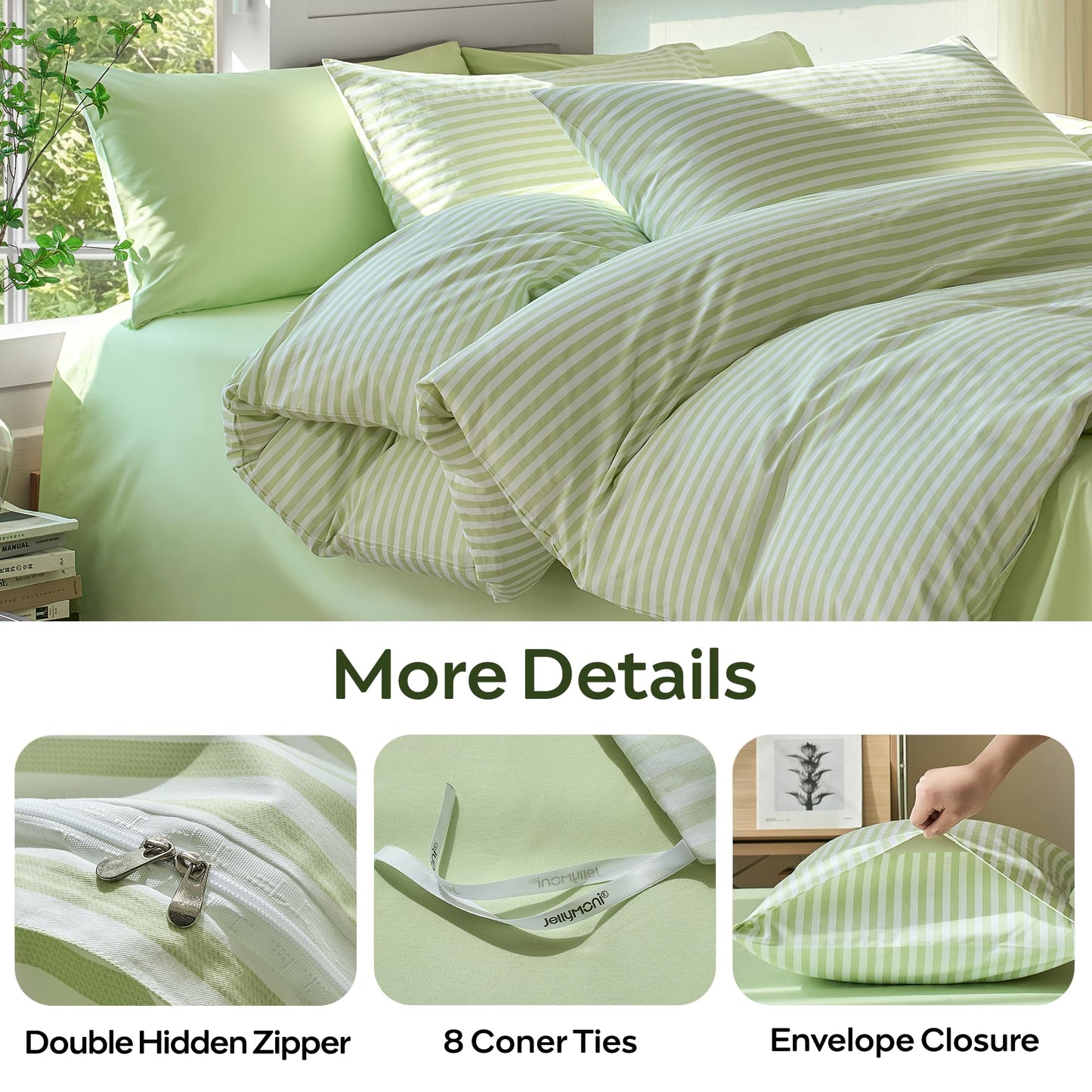 JELLYMONI Striped Duvet Cover Set - Queen Size Comforter Cover, Classic Sage Green & White Stripes, 100% Cotton 3 Pcs Bedding with Zipper Closure & 8 Corner Ties for Master or Guest Bedroom