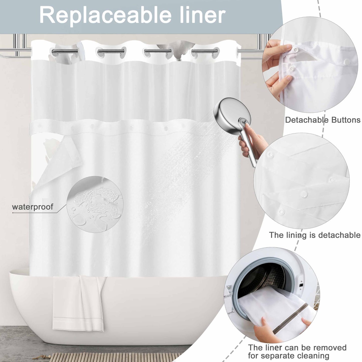 CTOTSYC No Hook Shower Curtain and Liner Set, Blue and Grey Boho Floral Shower Curtains for Bathroom, Watercolor Flower Waterproof Bathroom Curtain Sets with Snap in Liner, 71x74 Inch