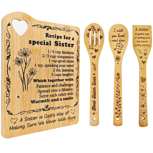 Sister Birthday Gifts - "Recipe for a Special Sister " Cutting Board Set, Bamboo-Made Engraved Utensil Set Sister Gifts from Sister or Brother (For Sister)