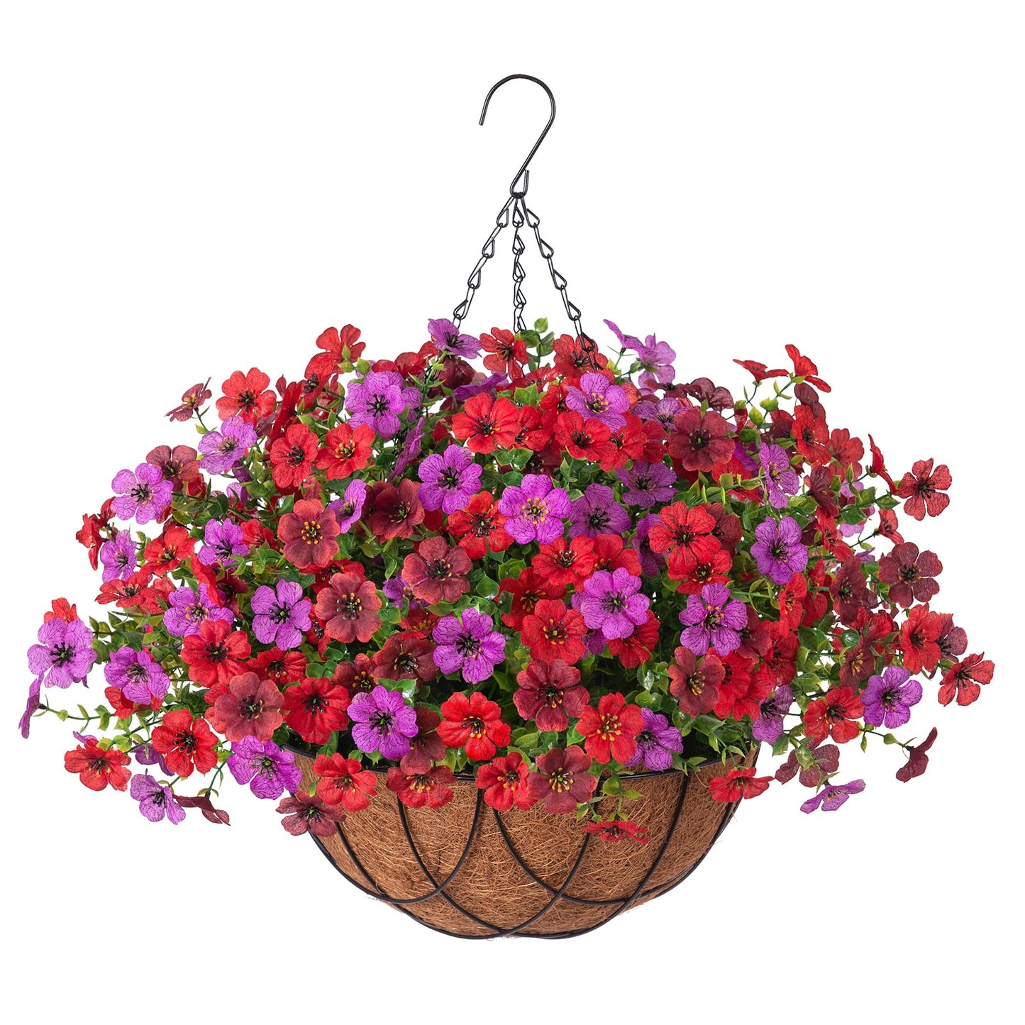 Artificial Silk Flowers Hanging Baskets Outdoors Indoors, Daisy with Eucalyptus Leaves Arrangement for Garden Yard Spring Summer Decor Faux Green Plant Metal Coconut Lining (Red Purple Red Brown)
