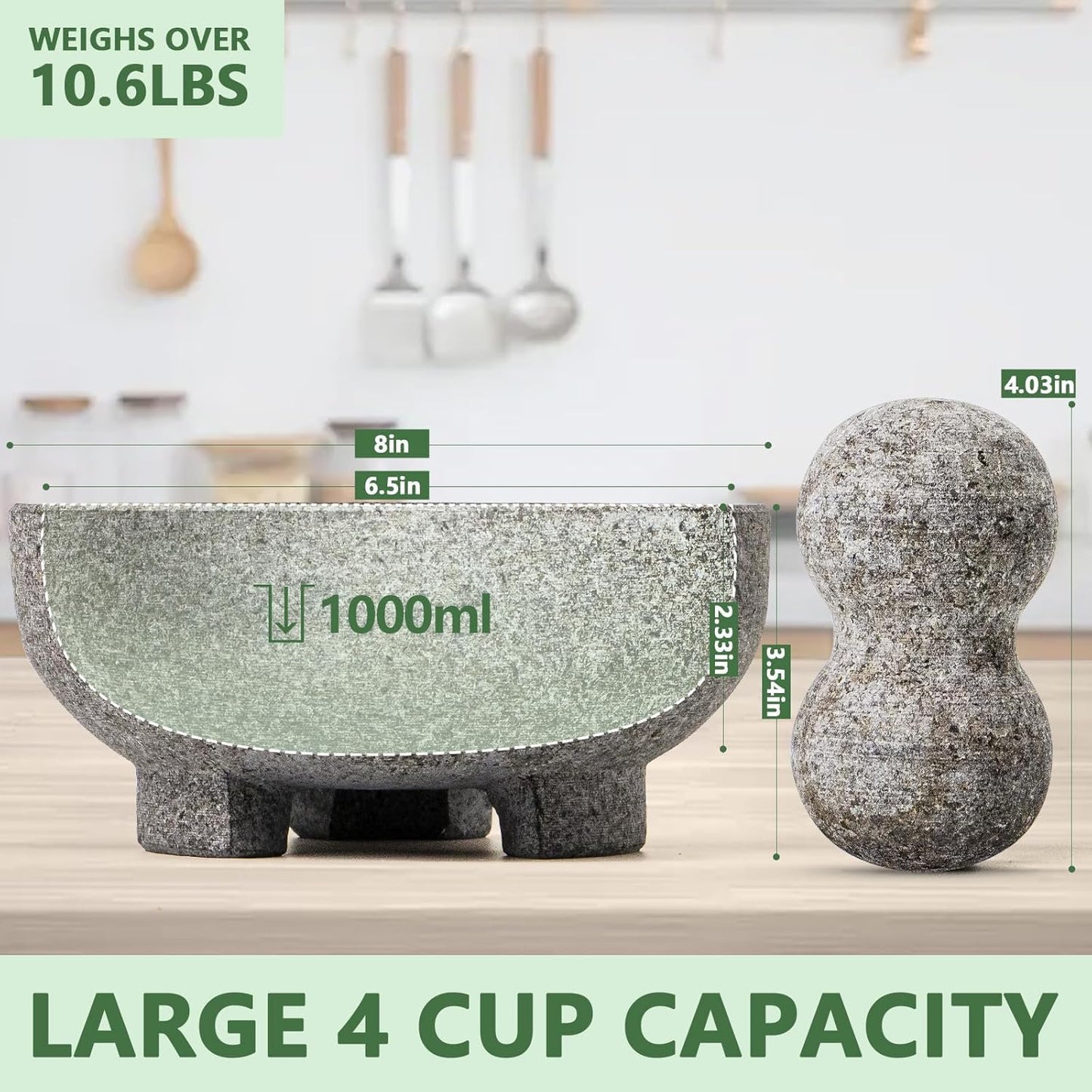 Luvan Large Mortar and Pestle Set,4 Cups Unpolished Granite Natural Stone Grinder Bowl for Molcajete Guacamole Bowl Crushing/Mexicano Guacamole,Spices Grinder,Herb Crusher,Salsa Pesto-8IN/Gray