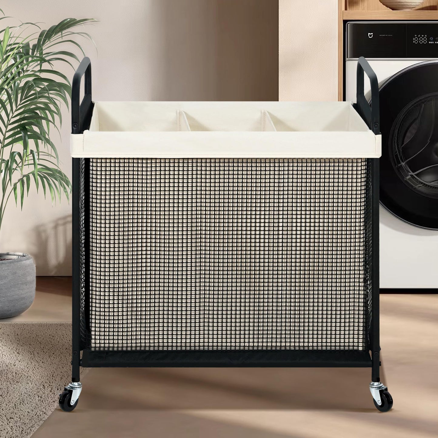 STO STO Laundry Hamper 3 Section, 120L Rolling Laundry Sorter Cart with Removable and Washable Liner Bag, Clothes Hamper with Wheels and Metal Handle for Laundry Room and Bedroom