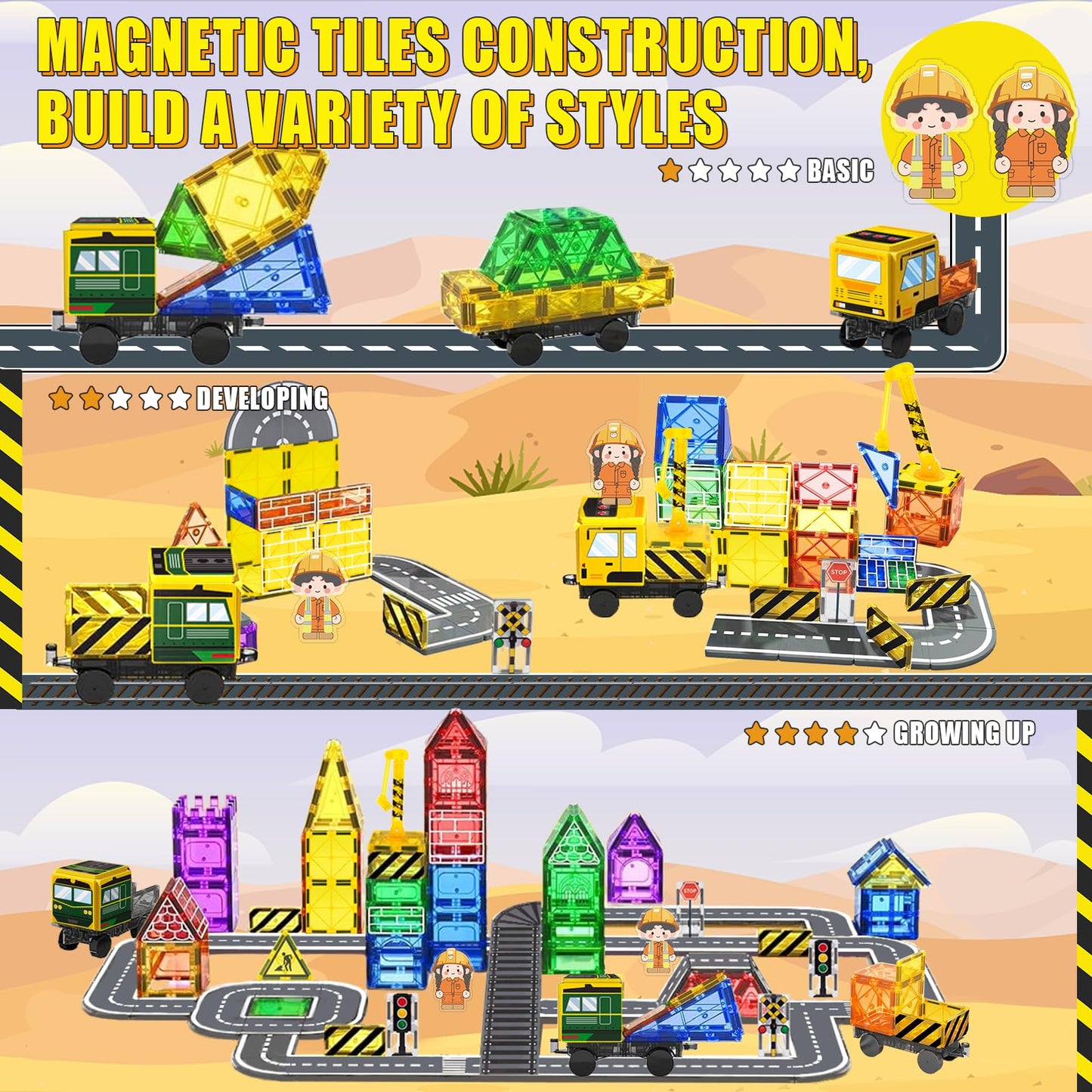 Magnetic Tiles Magnetic Construction Set with 2 Dolls, Cars, Train, Train Tracks, Building Sensory Toys for 3+ Year Old Boys & Girls Creative Kids Games Birthday Xmas Gifts