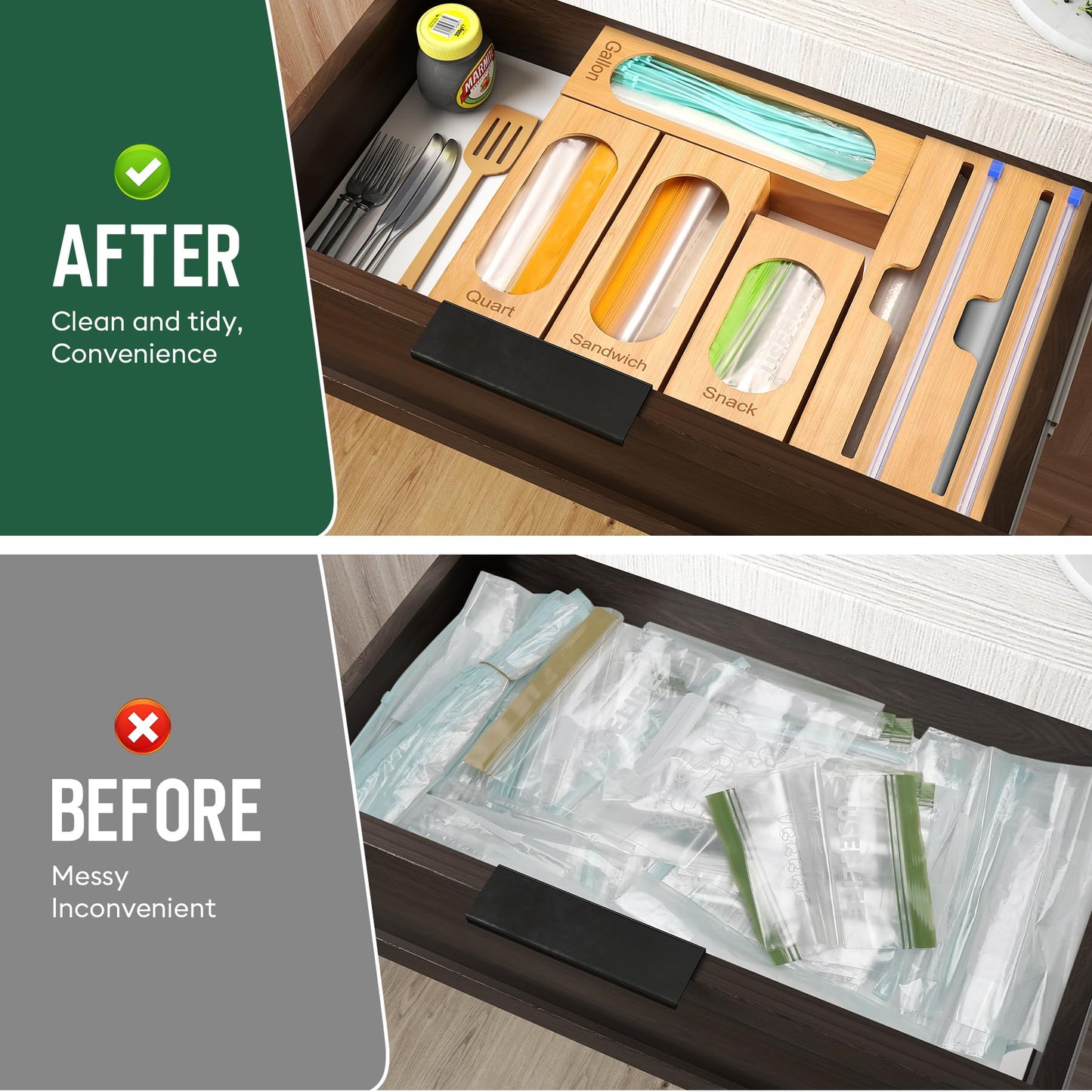 Gamtik Individual Storage Bag Organizer for Kitchen Drawer, Bamboo with Foil and Plastic Wrap Organizer for Kitchen Organizers and Storage, for Gallon, Quart, Sandwich, Snack