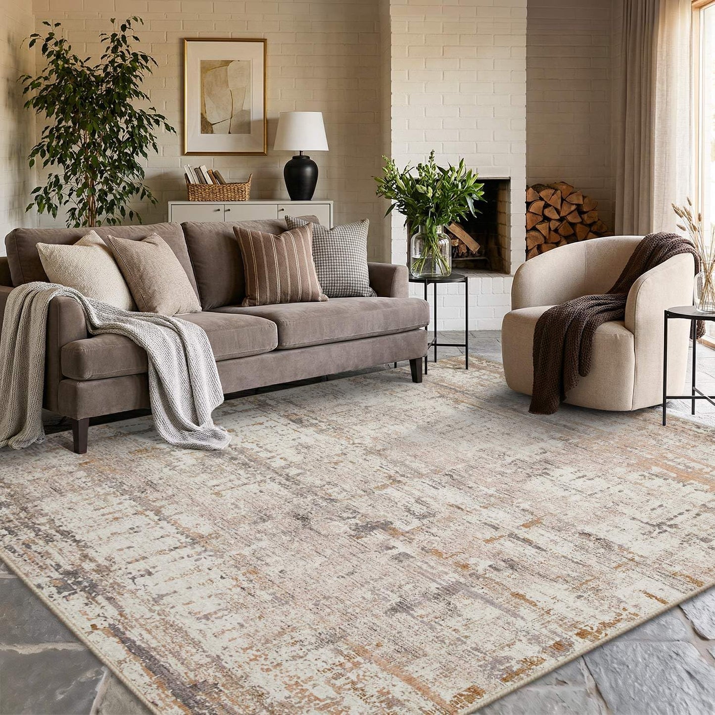Rugxara 6x9 Washable Area Rug for Living Room, Modern Abstract Large Boho Rugs for Office, Dining Room, Kids Room, Farmhouse, Durable Low Pile Non Slip Carpet for High Traffic Areas, Beige Grey