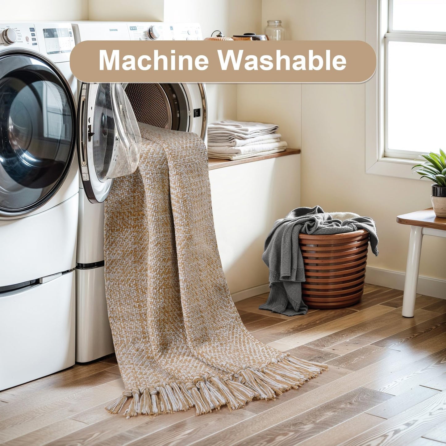 Collive Washable Area Rug 3' x 5', Modern Farmhouse Woven Kitchen Rugs, Tan/Cream Indoor Outddor Mat Braided Throw Carpet for Entryway Bedroom Nursery Laundry Living Room