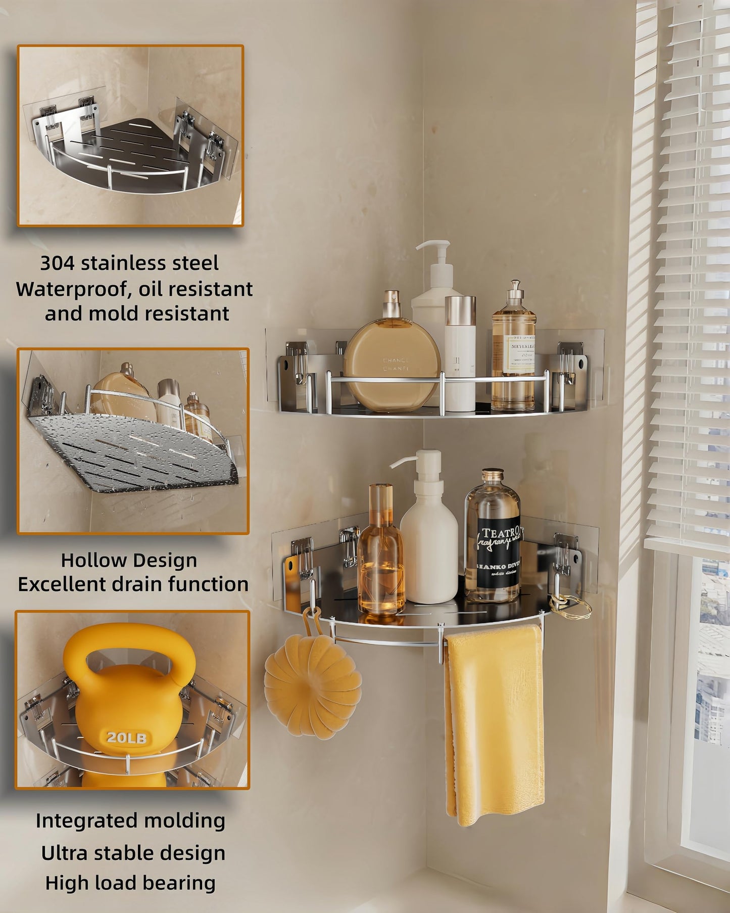WingChoicE Corner Shower Caddy, Stainless Steel 304, Integrated Molding Bathroom Shelves, Wall Mounted Shower Organizer with Nail Free Adhesive, Suit for Corner Storage Racks in Bath Kitchen(2 Pack)