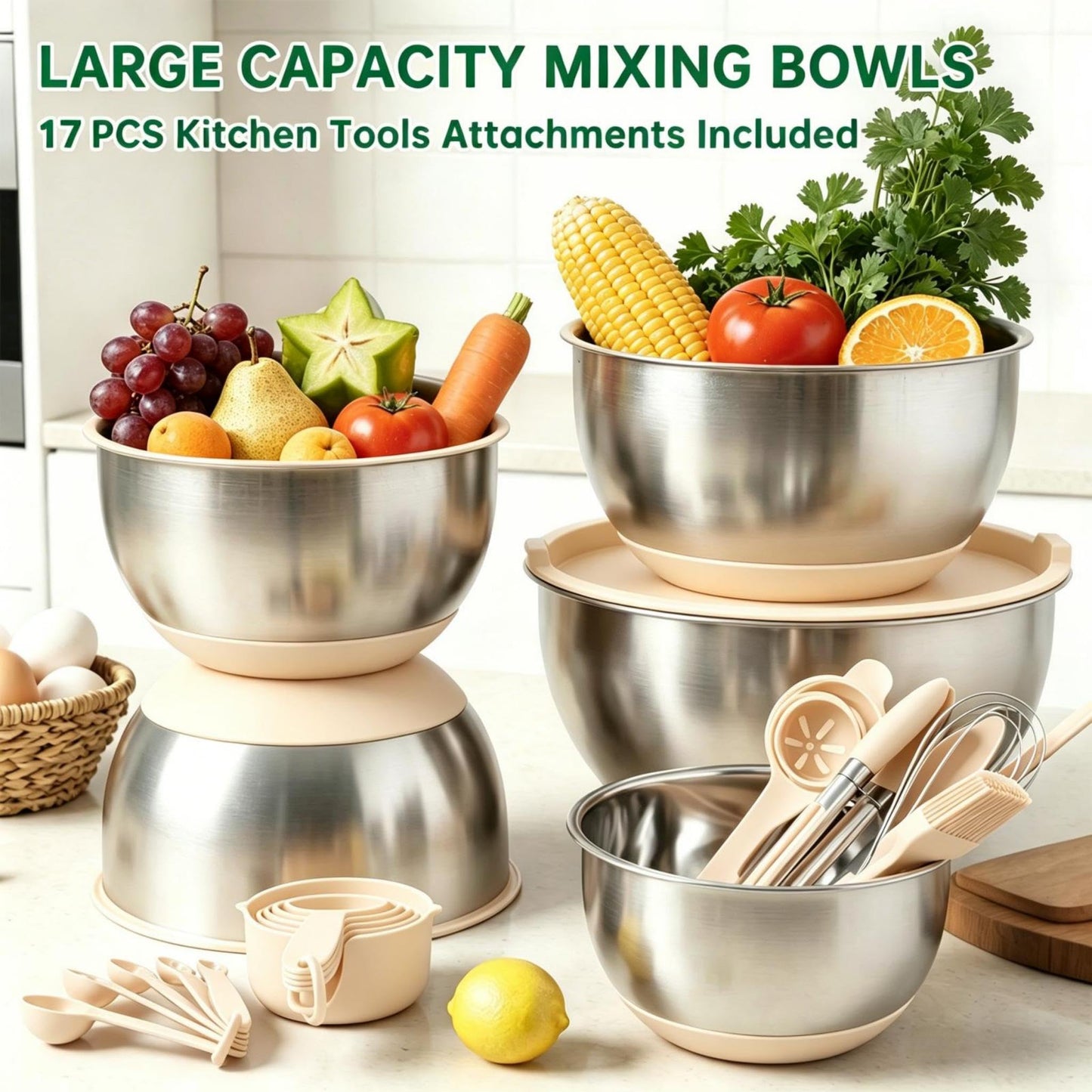 Deedro Premium Mixing Bowls with Airtight Lids Set, 22Pcs Thicker Stainless Steel Mixing Bowl Set, Large Prep Metal Bowls, Non-Slip Silicone Base Nesting Bowls for Kitchen, 1.5/2/3/4/5 QT, Khaki