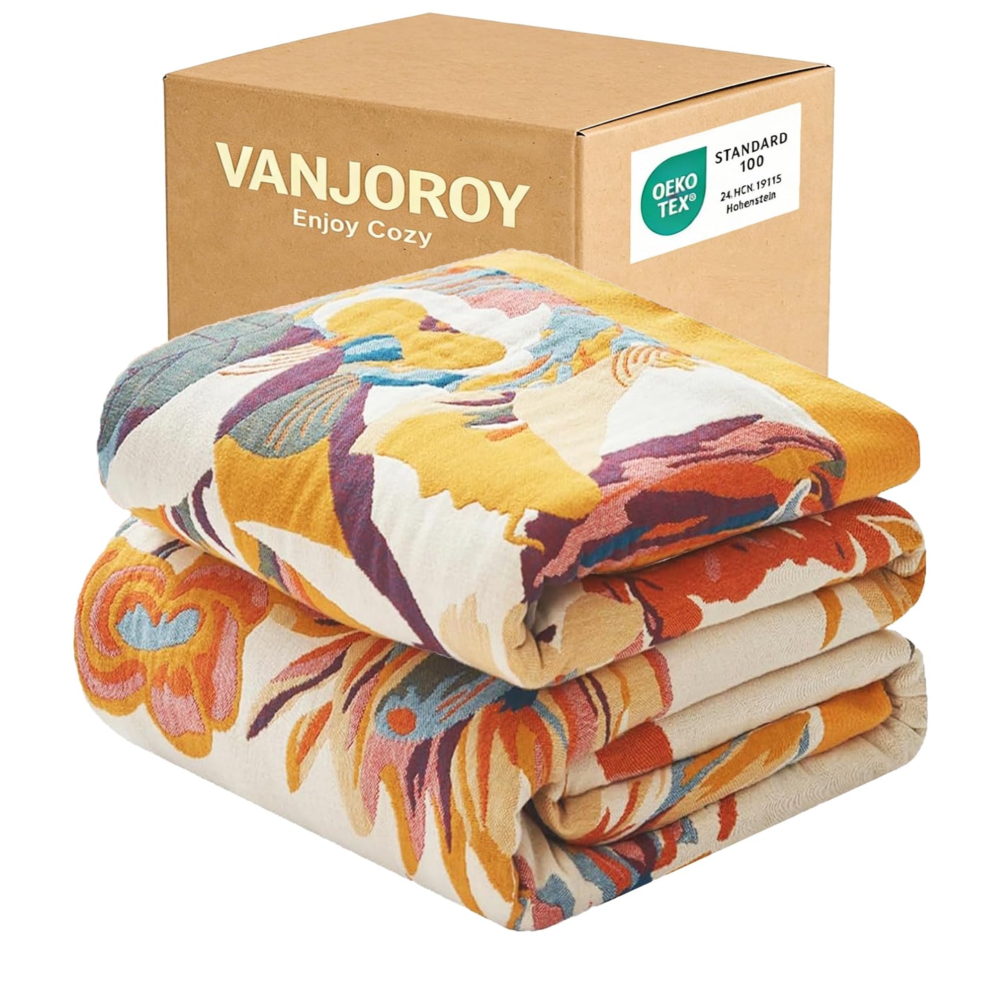 VANJOROY Boho Throw Blanket 60" x 80", 100% Organic Cotton Skin-Friendly Lightweight Ultra Soft Bed Quilt Throw - Summer Floral Butterfly Farmhouse Decor Blanket for Sofa Couch Chair and Gift.