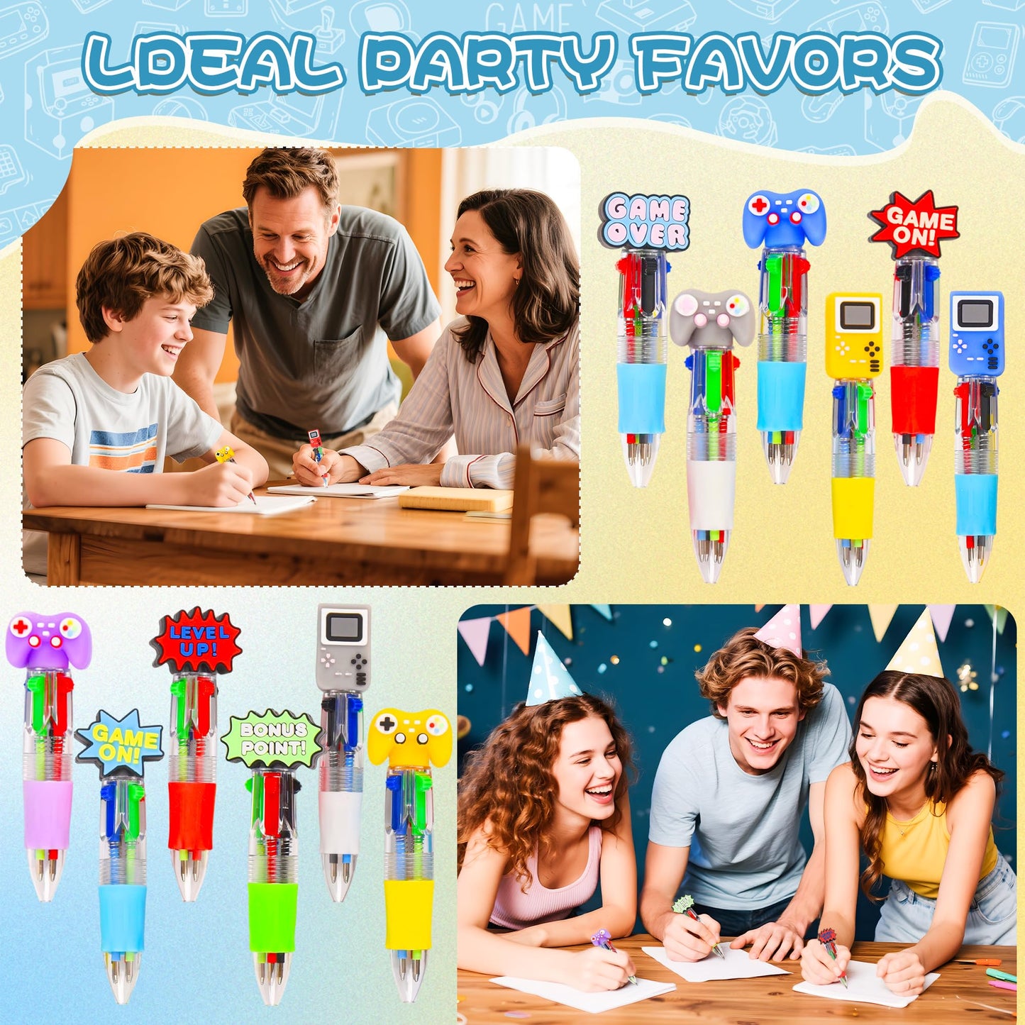 LiYiQ 100 Pcs Video Game Party Favors Multicolor Pen in One Cartoon Cute Fun 4-in-1 Cute Pens Bulk Kawaii Game Handle Level Up Games Console Shape Cool Ballpoint Pens for Kids Fun Gifts