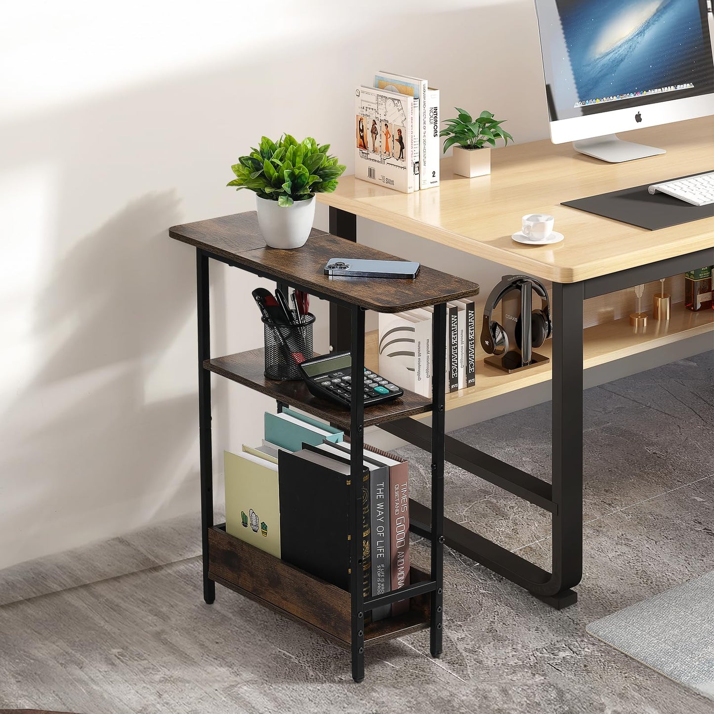 Tedheve Narrow Side Table for Small Spaces, 3-Tier Small End Table with Storage Shelf and Magazine Holder, Slim and Skinny Nightstand for Bedroom, Living Room Sofa Table for Space Saving, Brown