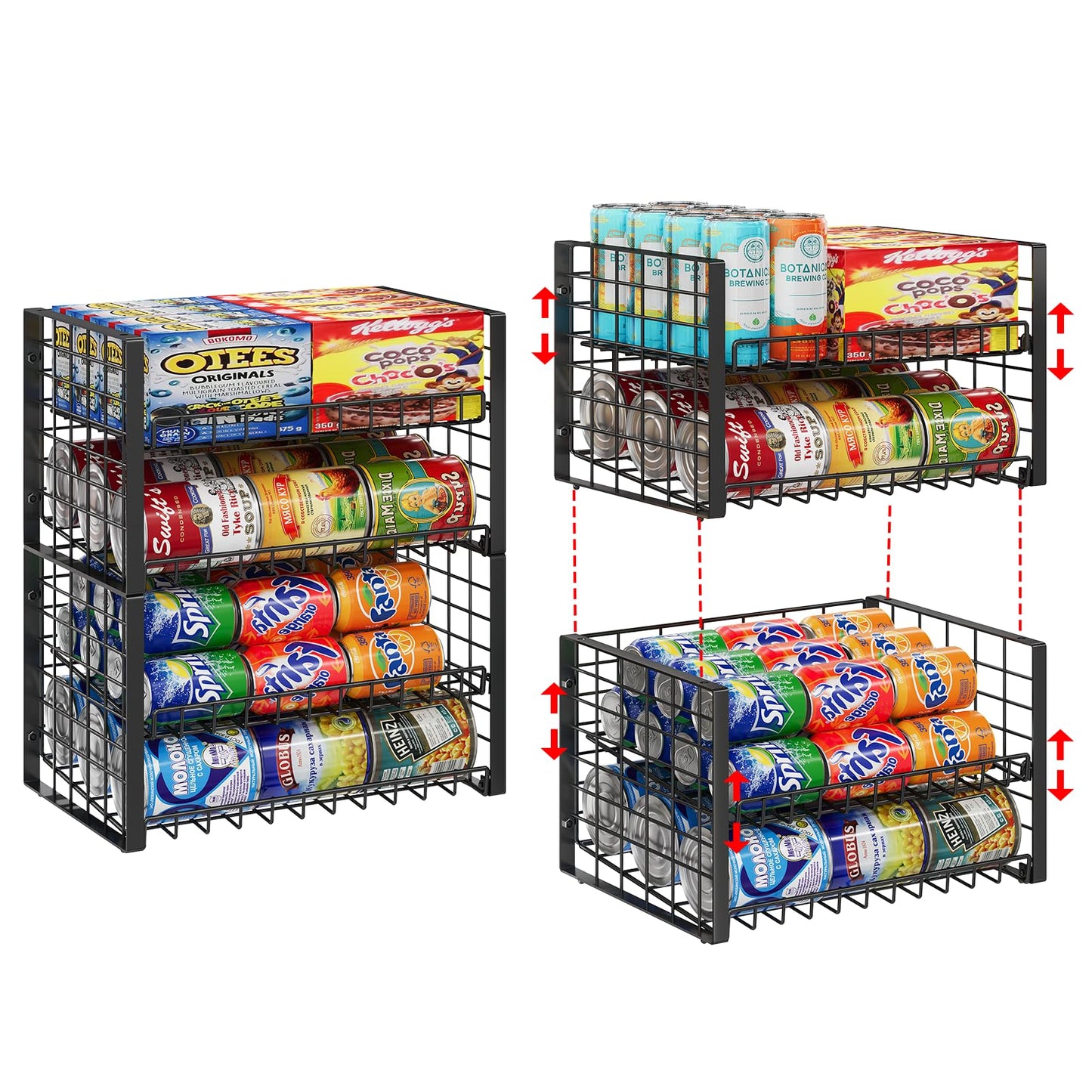 Sbanmao 2-Pack Stackable Can Organizer for Pantry, Adjustable Can Holder Rack for Canned Food Soda Drink Goods Storage up to 36 Cans Storage, 2 Tier, Black