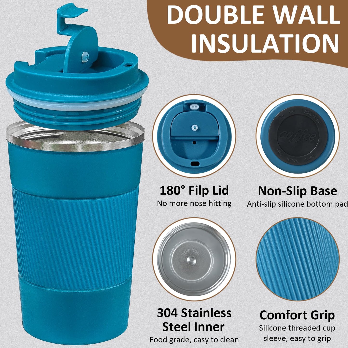 ATZNZIK 4 Pack Insulated Coffee Mug with Lid 17oz Travel Coffee Tumbler Stainless Steel Reusable Coffee Cups Thermal Coffee Mug for Hot and Iced Cold Drinks, Multicolor