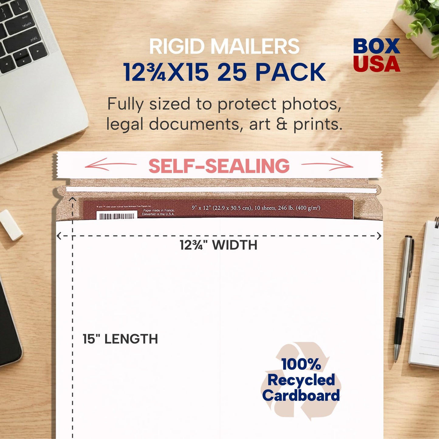 BOX USA Rigid Mailers 12" x 15" (25-Pack) - Cardboard Mailer Envelopes for Photos, Artwork, Certificates - Stay Flat