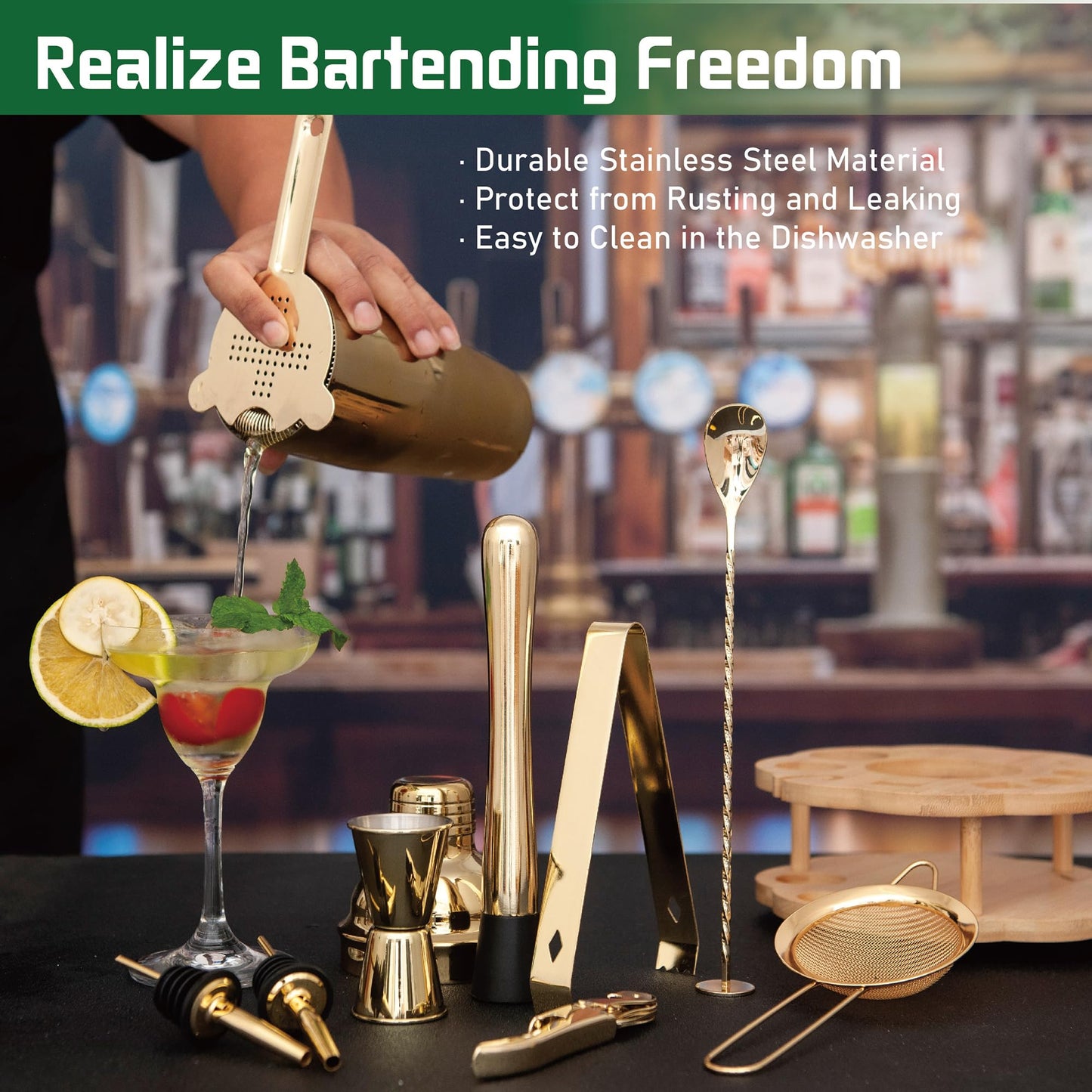 JWJIUEJIU Cocktail Shaker Set Bartender Kit with Rotatble Bamboo Stand,11 Piece Bar Set Stainless Steel Bar Accessories for Drink Mixing, Bar, Home, Party (Gold)