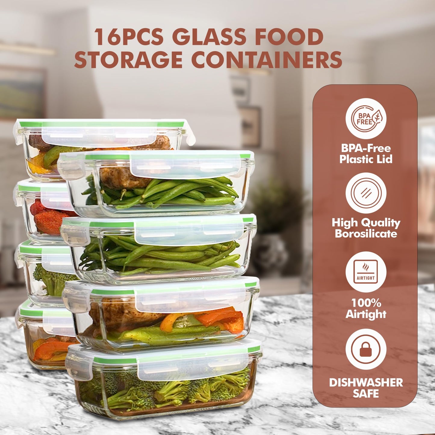 Razab 16 Pc (Set of 8) 30 Oz Glass Meal Prep Containers with Lids, Airtight Large Glass Food Storage Containers, Reusable Leak Proof BPA Free, Freezer to Oven and Dishwasher Safe