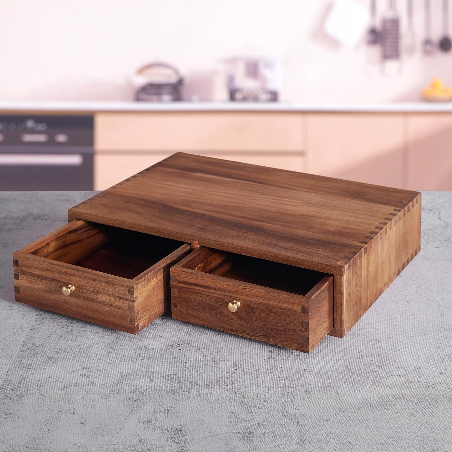 SARUFO Acacia Wood K Cup Organizer Drawer, Coffee Pod and Tea Storage Box with Non-Slip Pad, 30 Pod Capacity Under Brewer, Countertop Coffee Station Holder for Machine Stand