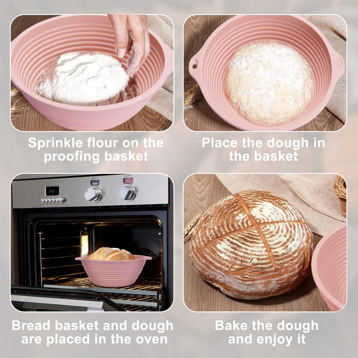Upgraded 9" Silicone Banneton Bread Proofing Basket 4Pcs, Built-In Reinforced Steel Rim Ring, Collapsible Non-Stick Round Dough Proofing Bowl, with Handles, Oven & Dishwasher Safe, BPA Free