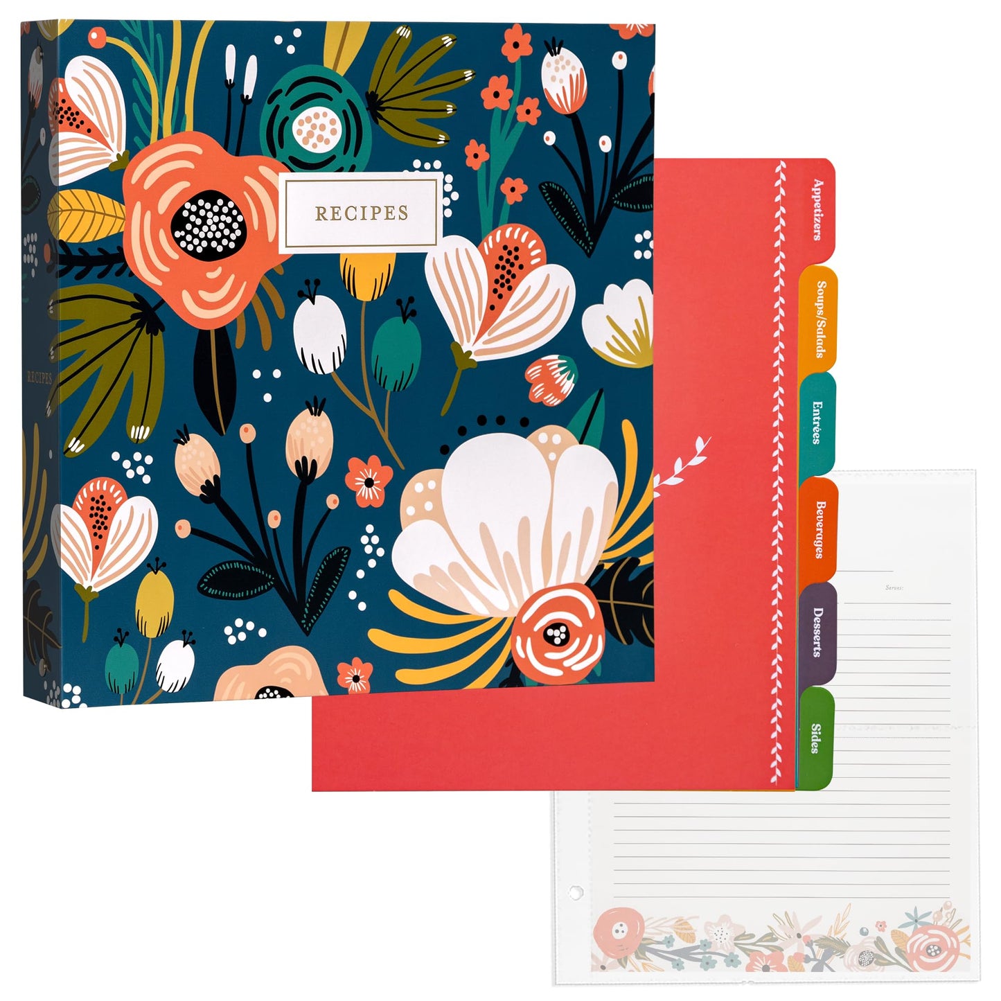 Jot & Mark 8.5" x 11" Sturdy 3 Ring Recipe Binder with Spill-Proof Clear Binder Sleeves Sheet Protector, 30 Dual-Sided Recipe Card Pages for Written & Printed Recipes, Tabbed Dividers, Garden Floral
