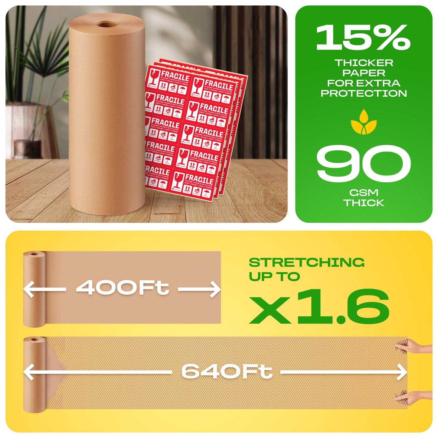 eco4plan Honeycomb Packing Paper | Extra Thick 90 GSM Packing Wrap | Biodegradable Packing Materials: 15” x 400’ Moving Paper + 30 Fragile Stickers | Paper Bubble Wrap/Packing Bubbles Substitute