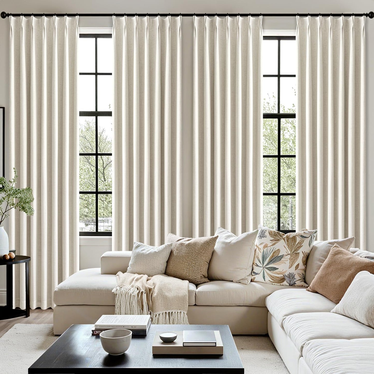 MIULEE Natural Pinch Pleated 100% Blackout Linen Curtains for Bedroom, Room Darkening Light Blocking Window Curtains 84 inches Long for Living Room, Black Out Pleat Drapes with Pin Hooks, 2 Panels