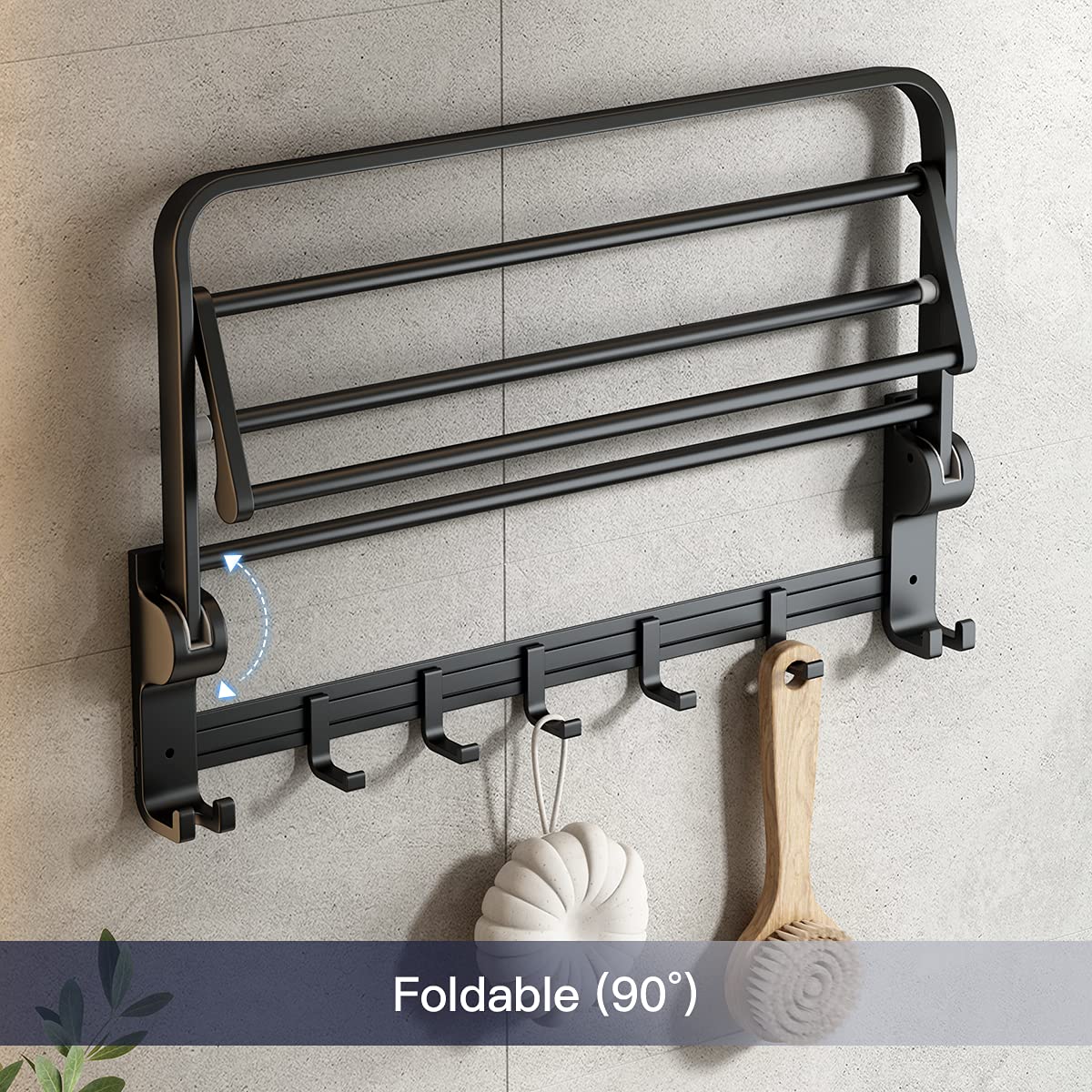VOLPONE 24 Inch Towel Rack with Towel Bar Holder Foldable Towel Shelf with Movable Hooks Rustproof Towel Storage Wall Mount for Bathroom Lavatory Matte Black