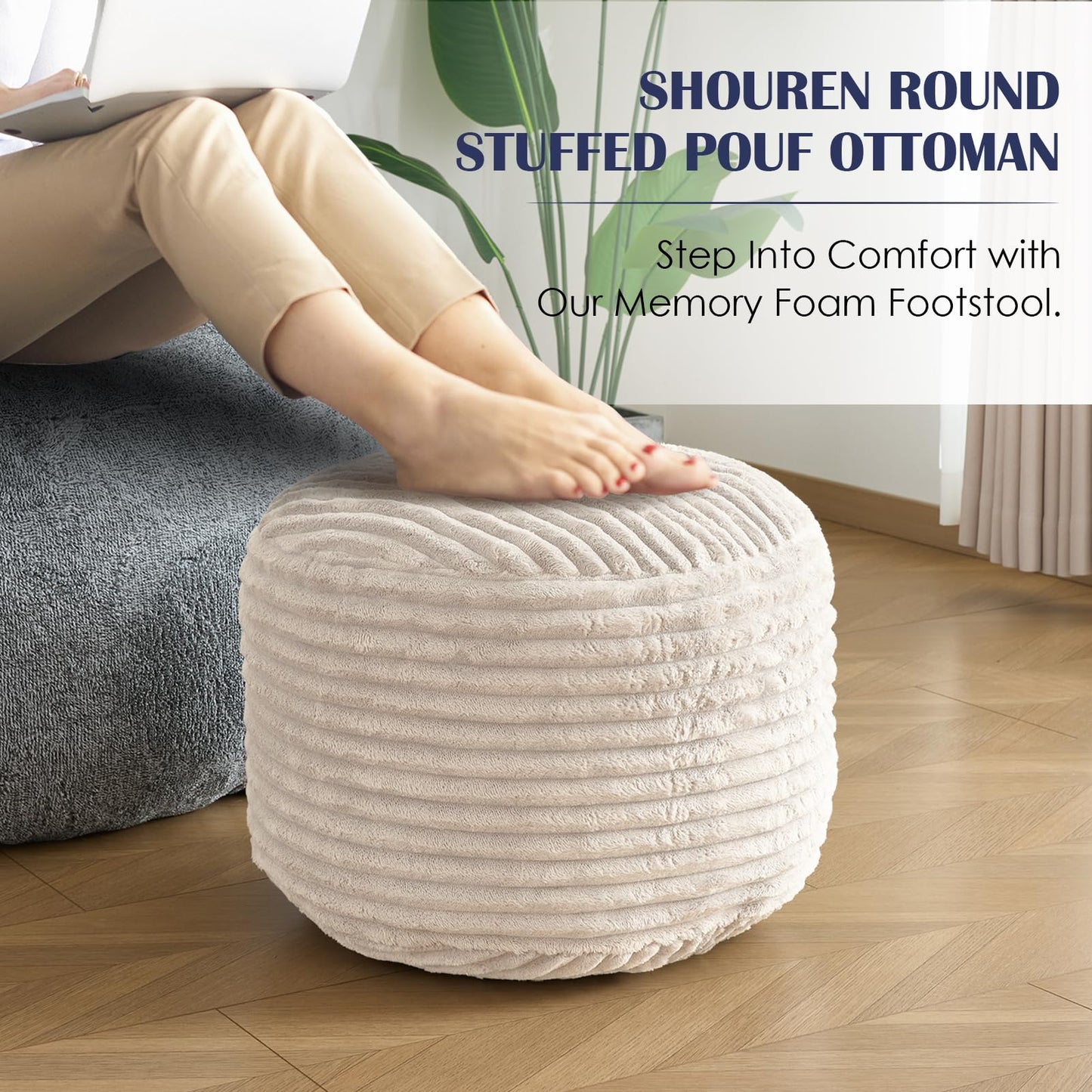 SHOUREN Stuffed Round Ottoman,Corduroy Pouf Ottoman Foot Rest with Foam Filling,Pouf Storage Ottoman Footstool for Living Room,20 X 15 Floor Poufs for Couch - 20 X 15 Inches,Beige