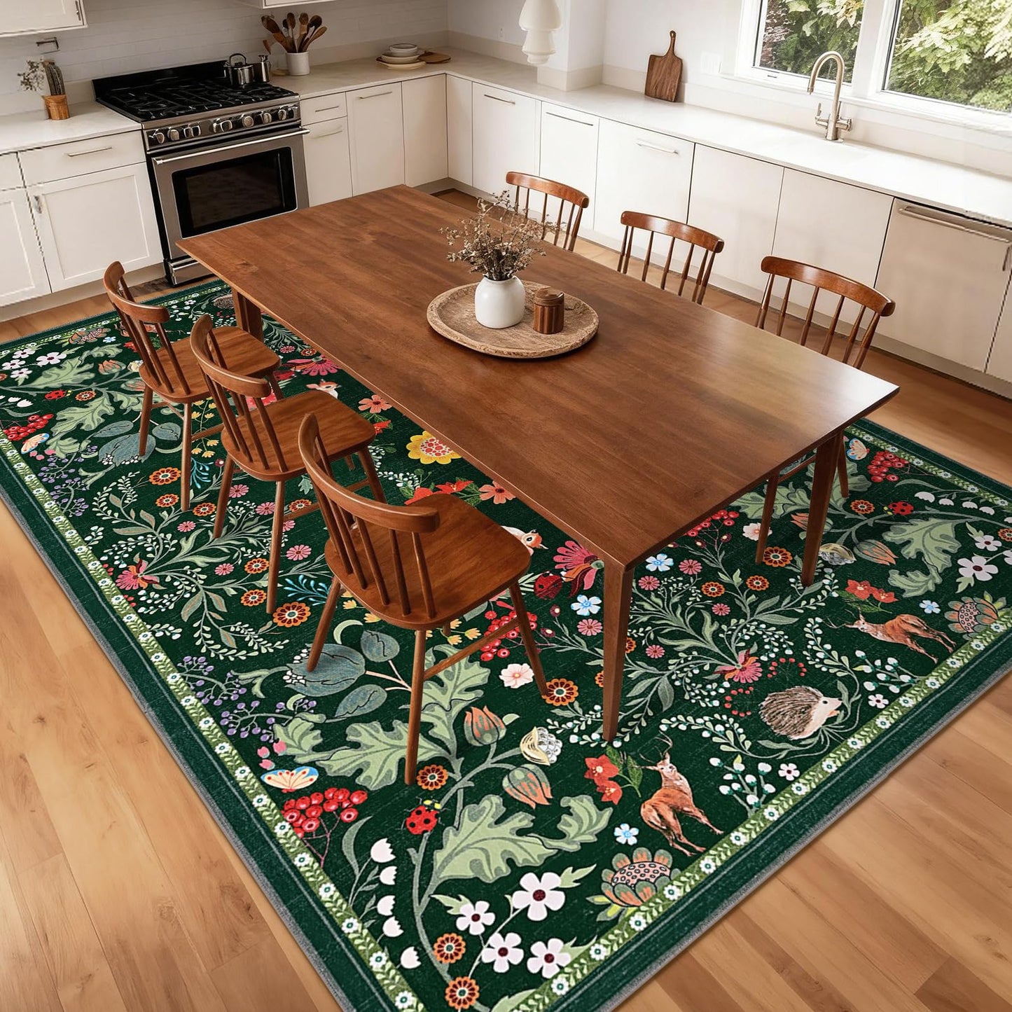Yinhua 8x10 Area Rugs Floral Washable Rugs for Living Room Green Rug Non Slip Soft Low Pile Faux Wool Botanical Throw Rug for Bedroom, Dining Room, Office, Home Decor, Green