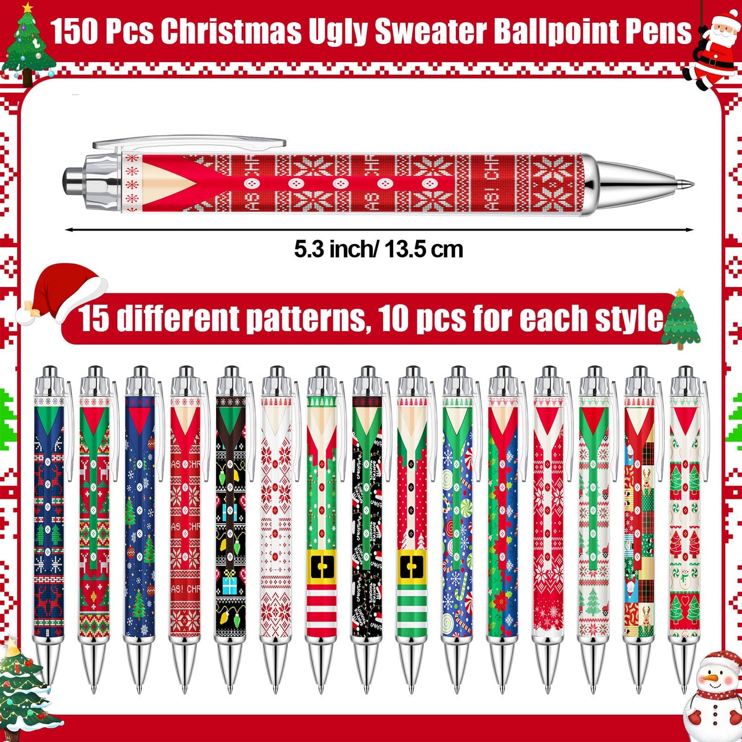 Resurhang 150 Pcs Christmas Ballpoint Pens Bulk Holiday Novelty Pens 0.5 mm Ugly Sweater Retractable Black Ink Decorative Stationery for Office School Party Favor Supplies Women Gift
