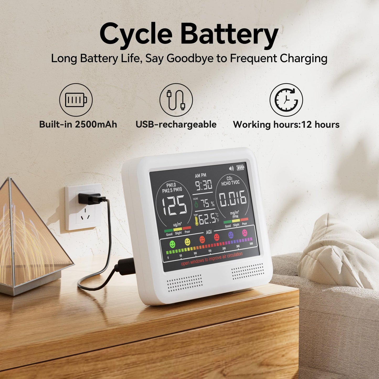 16-in-1 Air Quality Monitor Indoor, Portable Air Quality Tester for Home, Office, Formaldehyde Detector with Beep Alarm, AQI | PM1.0 | PM2.5 | PM10 | CO2 |Temp | HUM | Time, Voc Tester (Bright White)