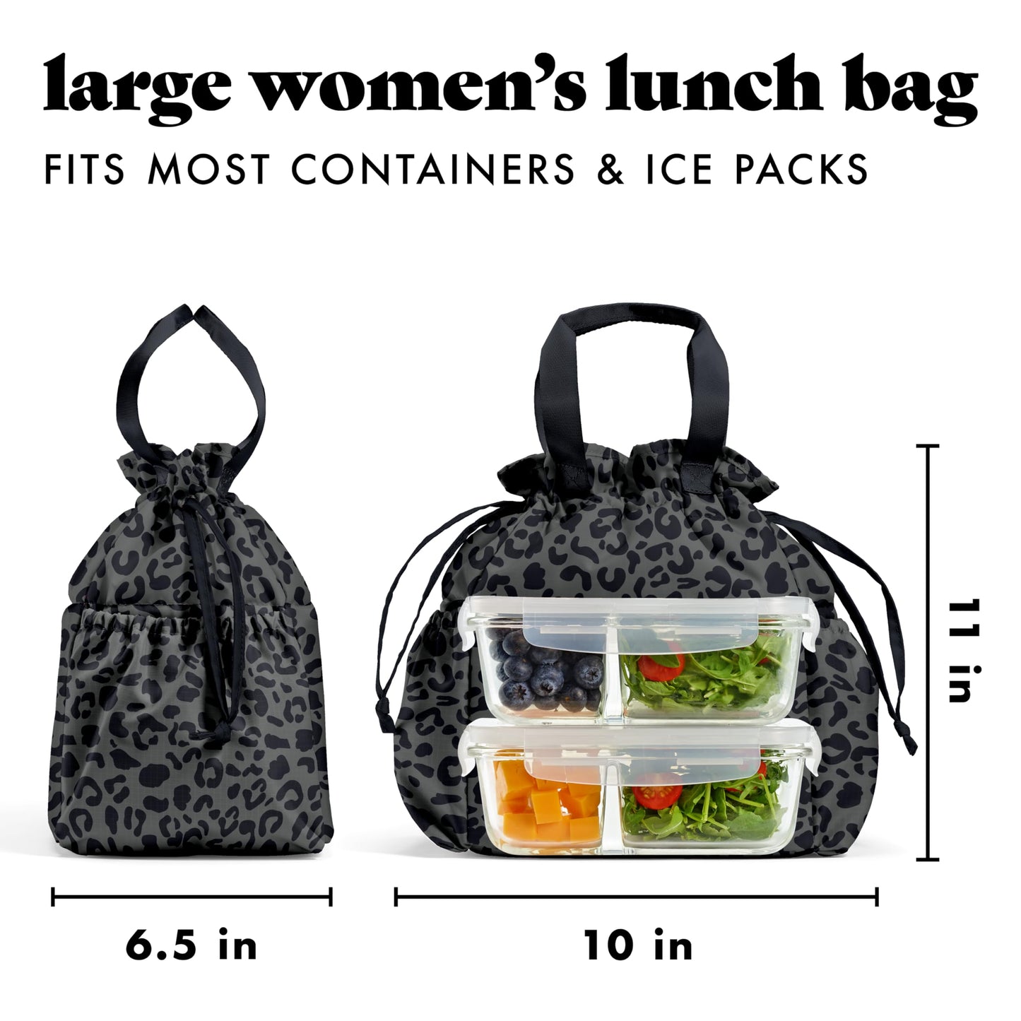 Fit & Fresh Cromwell Drawstring Lunch Bag for Women, Complete Lunch Set with 2 Containers, Stain-Resistant, Leak-Resistant, Back to School Essential, Teacher Lunchbox, Black Cheetah