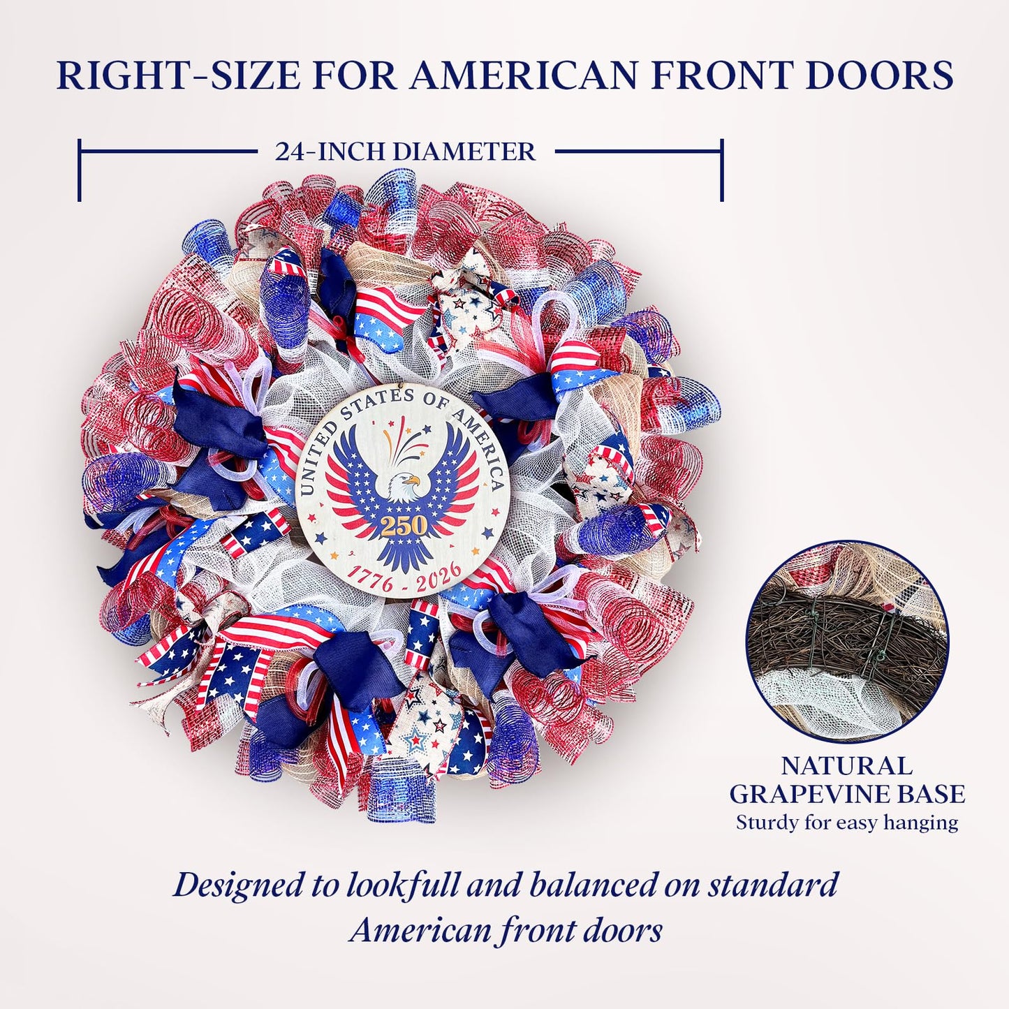 Presentastic 250th Anniversary Patriotic Wreaths for Front Door, 24 Inch Large 4th of July Wreath with Removable 1776-2026 Eagle Door Sign, Handcrafted Memorial Day Decorations with Light &Storage Bag